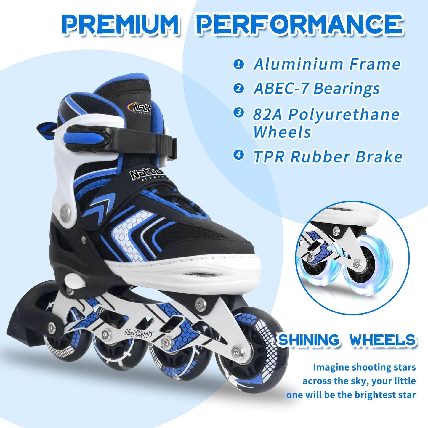 Nattork Boys Roller Skates with Full Light up Wheels, Adjustable Beginner Inline Skates for Boys Big Kids, Blue, Kids Size 1-3 1 2 3