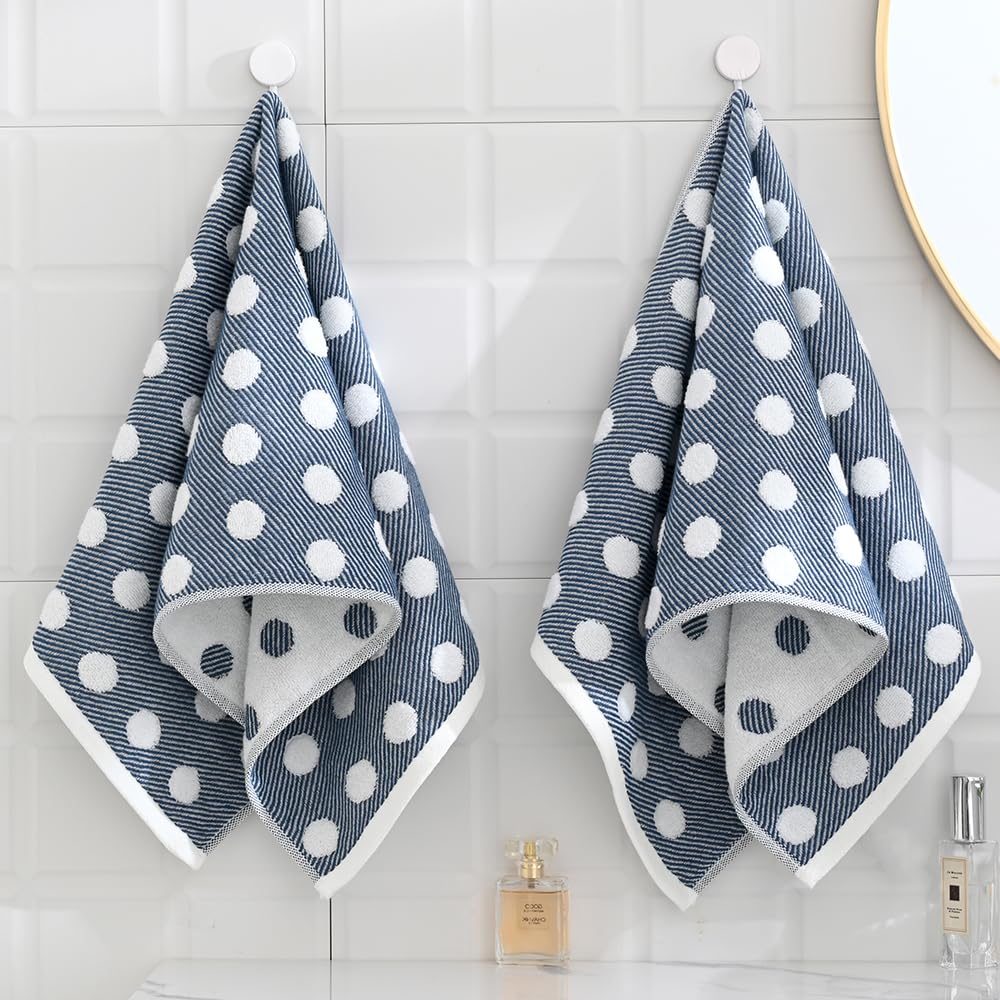 sense gnosis Navy Hand Towels 100% Cotton Super Soft Absorbent Jacquard Herringbone Striped Pattren White Terry Polka Dot Hand Towels for Bathroom