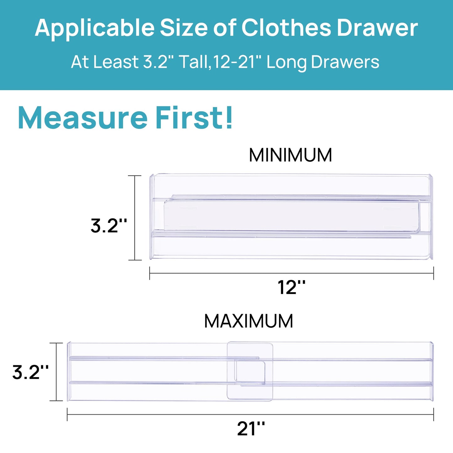 Vtopmart 8 Pack Drawer Dividers, 3.2" High Expandable from 12.2-21.4" Adjustable Drawer Organisers，Clear Plastic Drawers Separators for Clothing