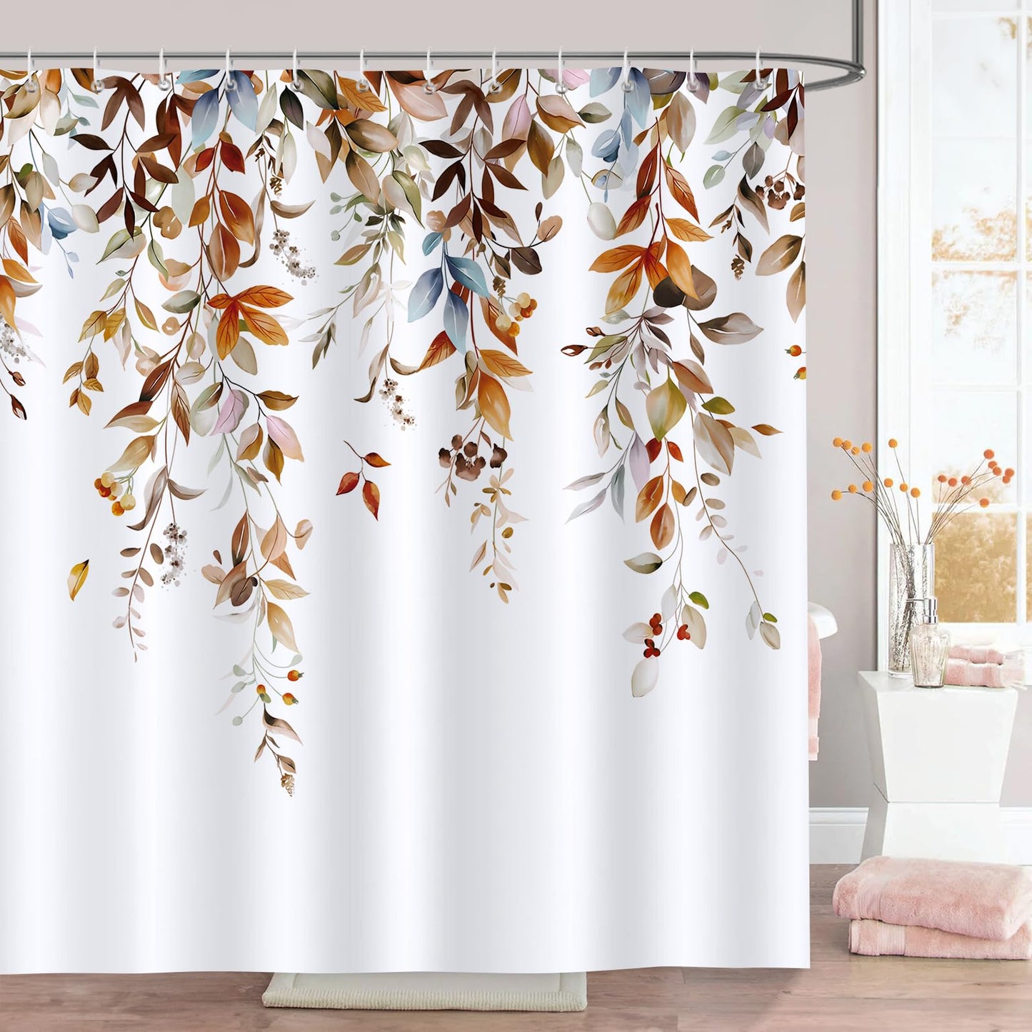 Bonhause Leaves Shower Curtain Watercolor Brown Leaf Plant Bathroom Curtain 180 x 180 cm Waterproof Mould Proof Resistant Polyester Fabric Bath
