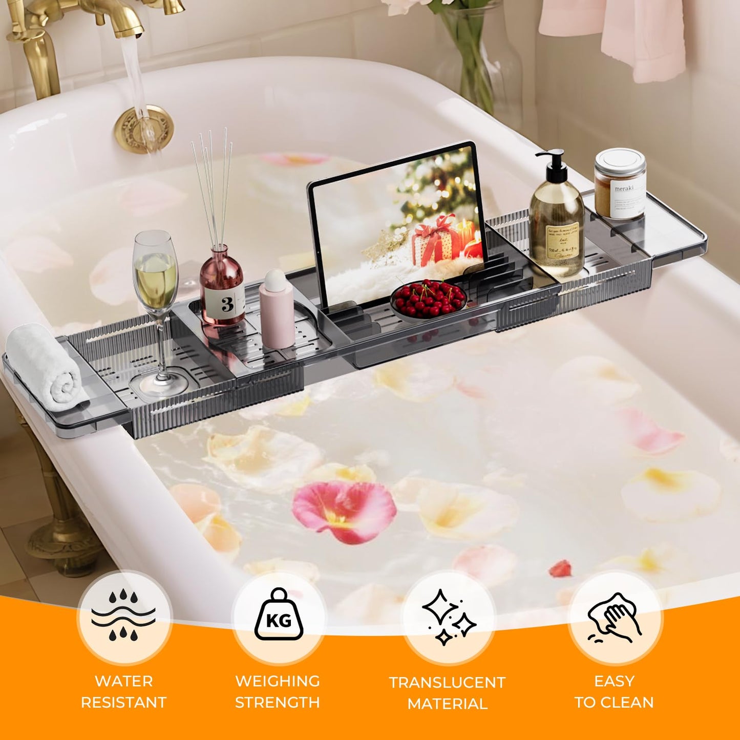 Bath Trays for Across the Bath, Extendable Deep Calm Bath Caddy, Acrylic Bath Shelf Bathroom Accessory, Home SPA Boards for Adults