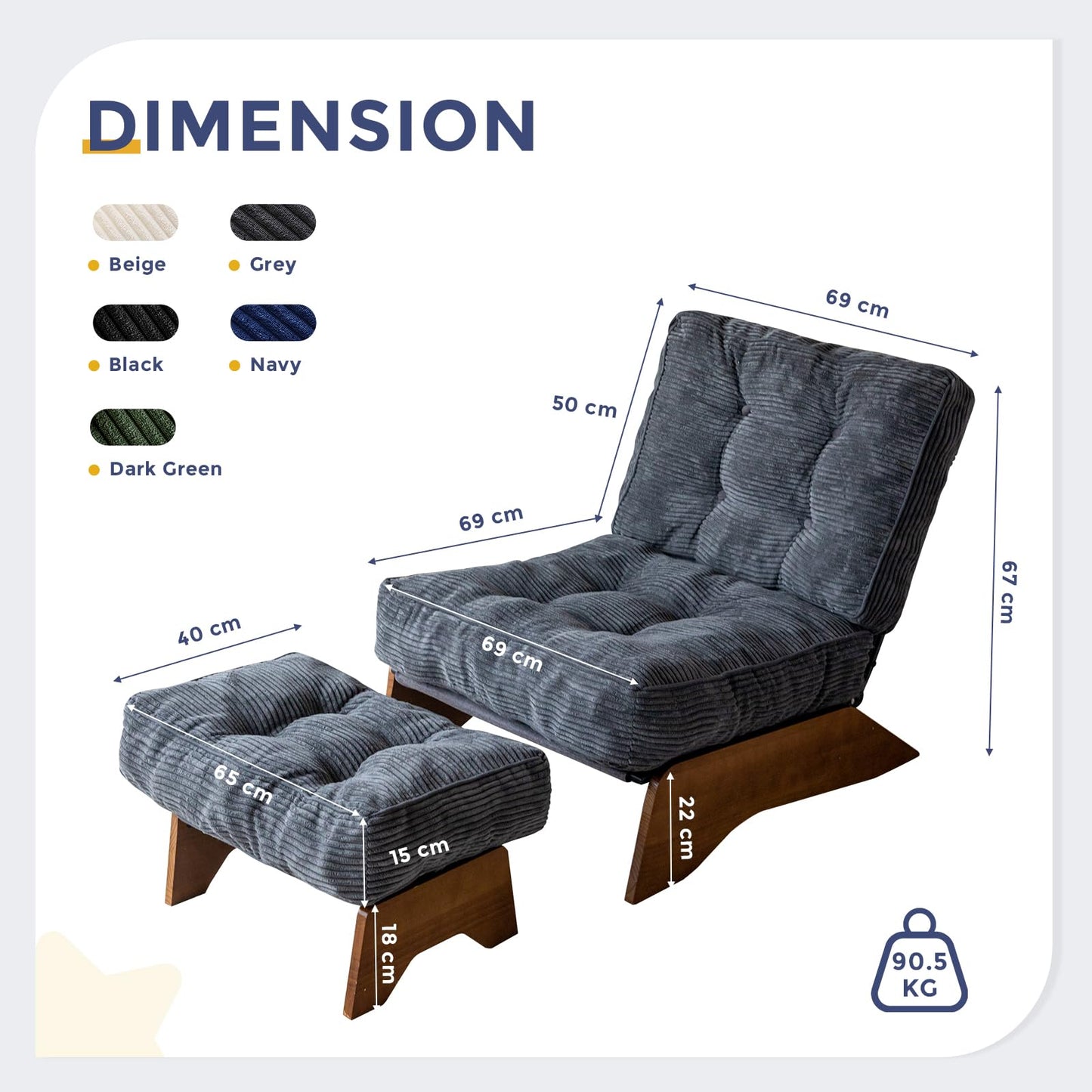 MAXYOYO Corduroy Folding Accent Chair with Footrest, Modern Upholstered Lounge Chair with Adjustable Backrest