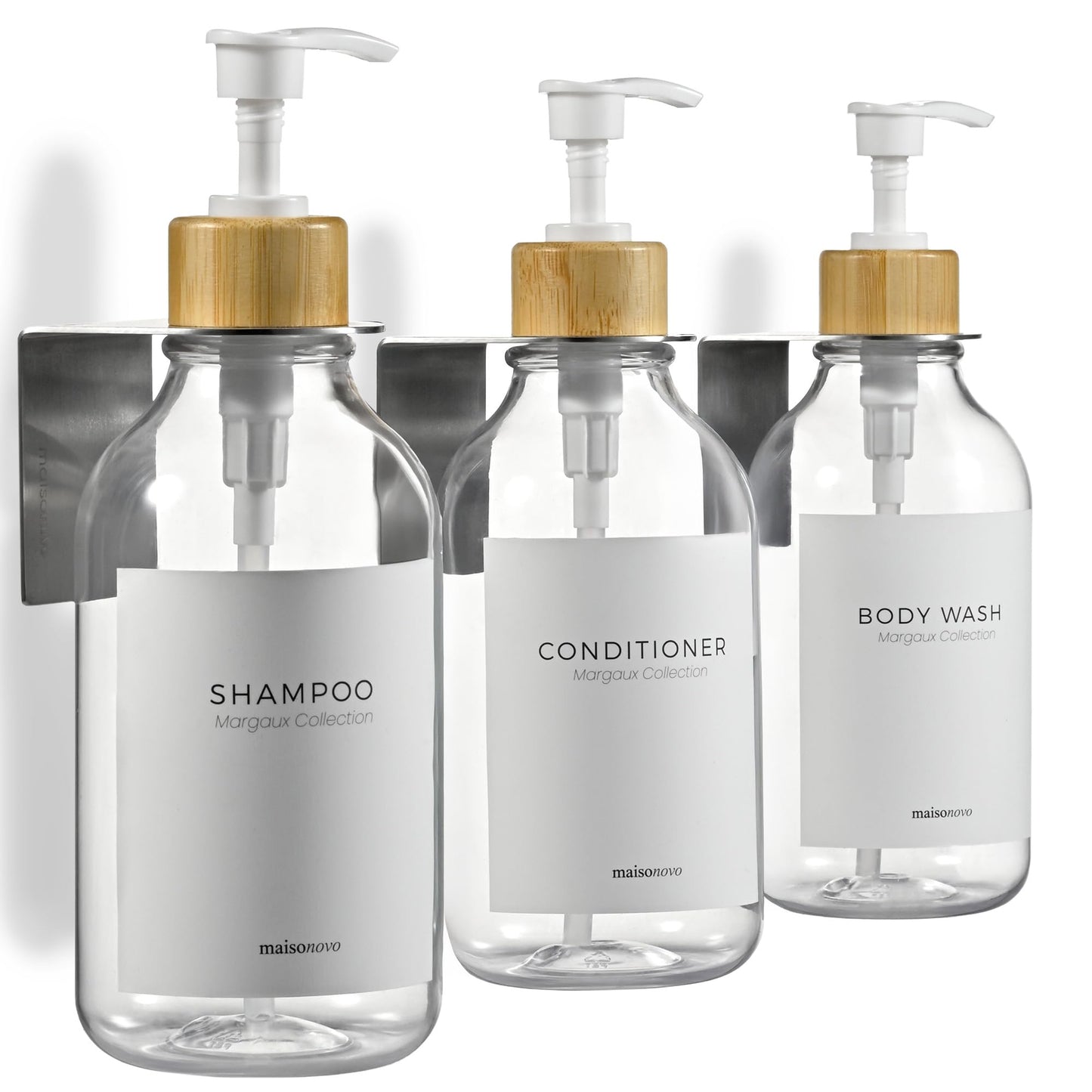 MaisoNovo Shampoo and Conditioner Dispenser - Set of 3 Shower Soap Dispensers Wall Mounted - 500ml Clear Plastic Bottles with White Bamboo Pump - No