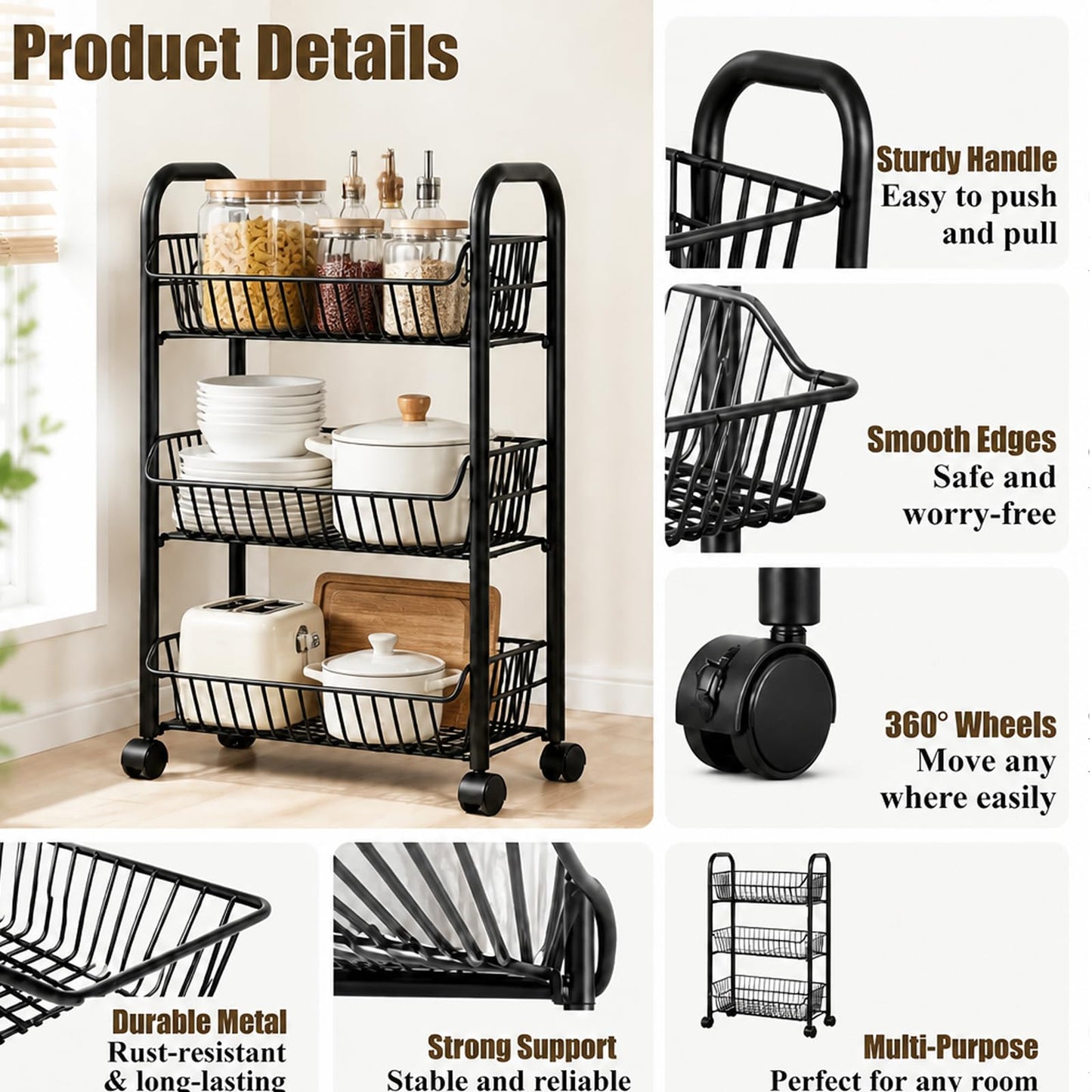 3-Tier Kitchen Trolley on Wheels, Vegetable Storage Rack, Storage Trolley
