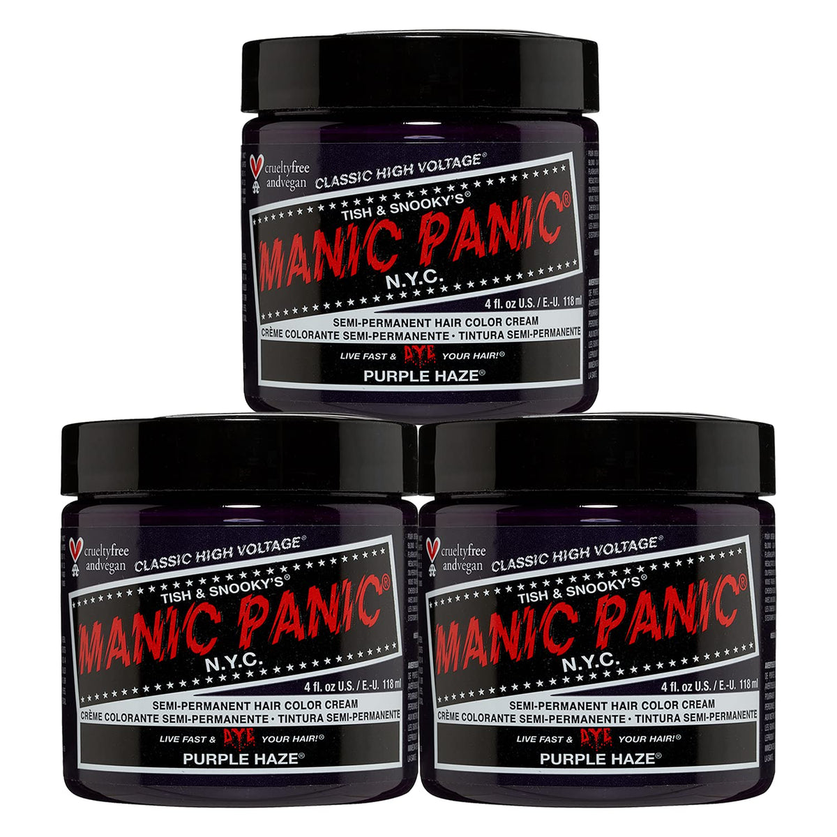 Manic Panic Purple Haze Classic Creme, Vegan, Cruelty Free, Purple Semi Permanent Hair Dye 3 x 118ml