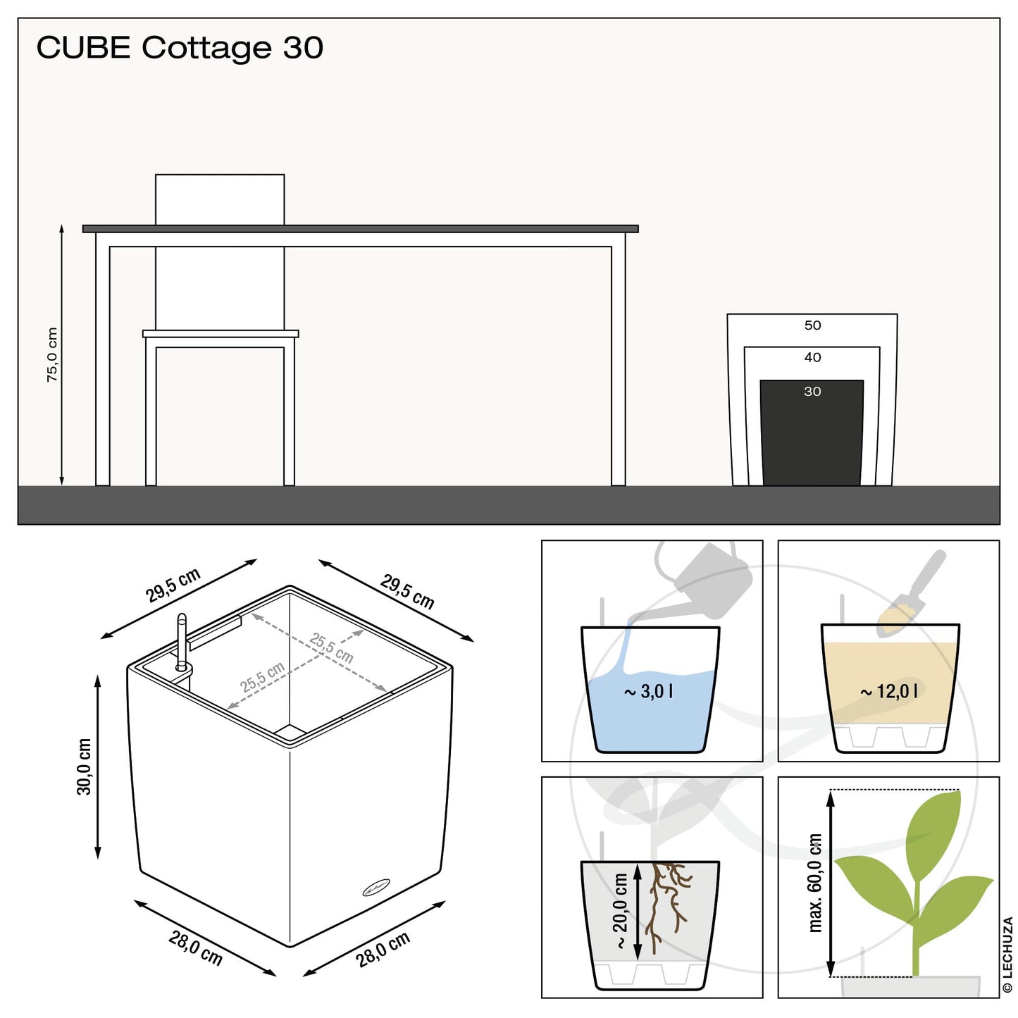 Lechuza Self Watering Plant Pots CUBE Cottage 30 Rattan Look Plastic Garden Outdoor Indoor Planter with Drainage Hole H30 L30 W30 cm Granite