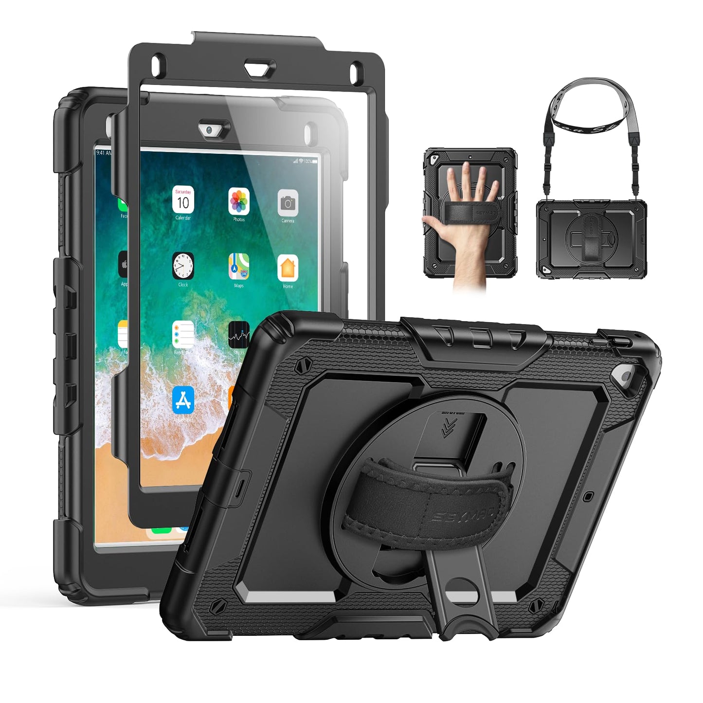SEYMAC Case for iPad Air 2, iPad 5th/6th Generation, iPad Pro 9.7, Shockproof Protective Case with 360? Degree Stand [Hand & Shoulder Strap] Screen