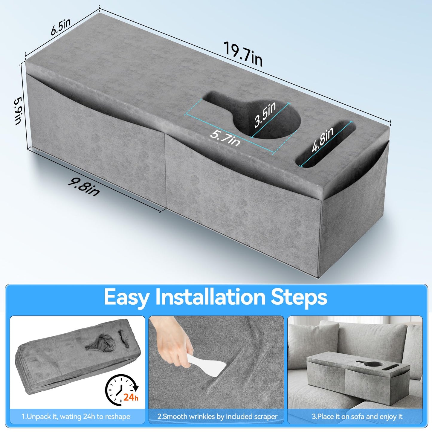 Heyife Couch Armrest Caddy with Cup Holder, Portable Sofa Armrest Pillow Drink Holder Table Tray with 5 Large Side Storage Pockets