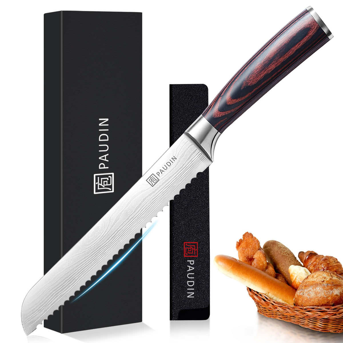 PAUDIN Bread Knife, Bread Knives 8 Inch, High Carbon Stainless Steel Forged Bread Knife Large with Wooden Handle, Serrated Knife for Cutting Crusty