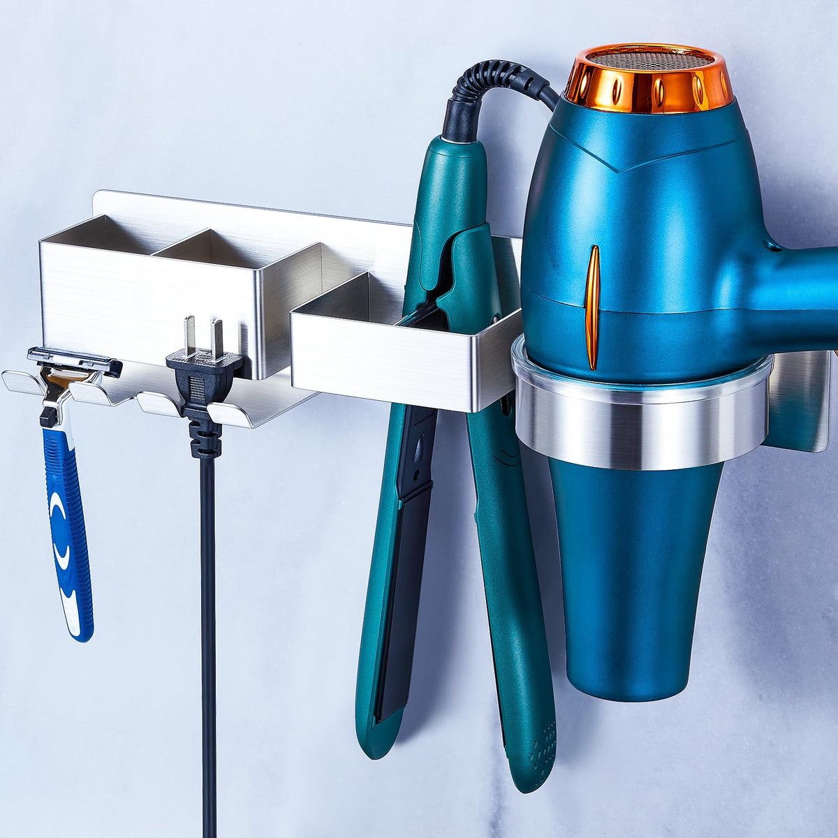 YAYINLI HairDryer And Straightener Holder, Hair Dryer Holders Wall Mounted Stainless Steel Hairdryer Holder Station, Hair Dryer Stand Self Adhesive