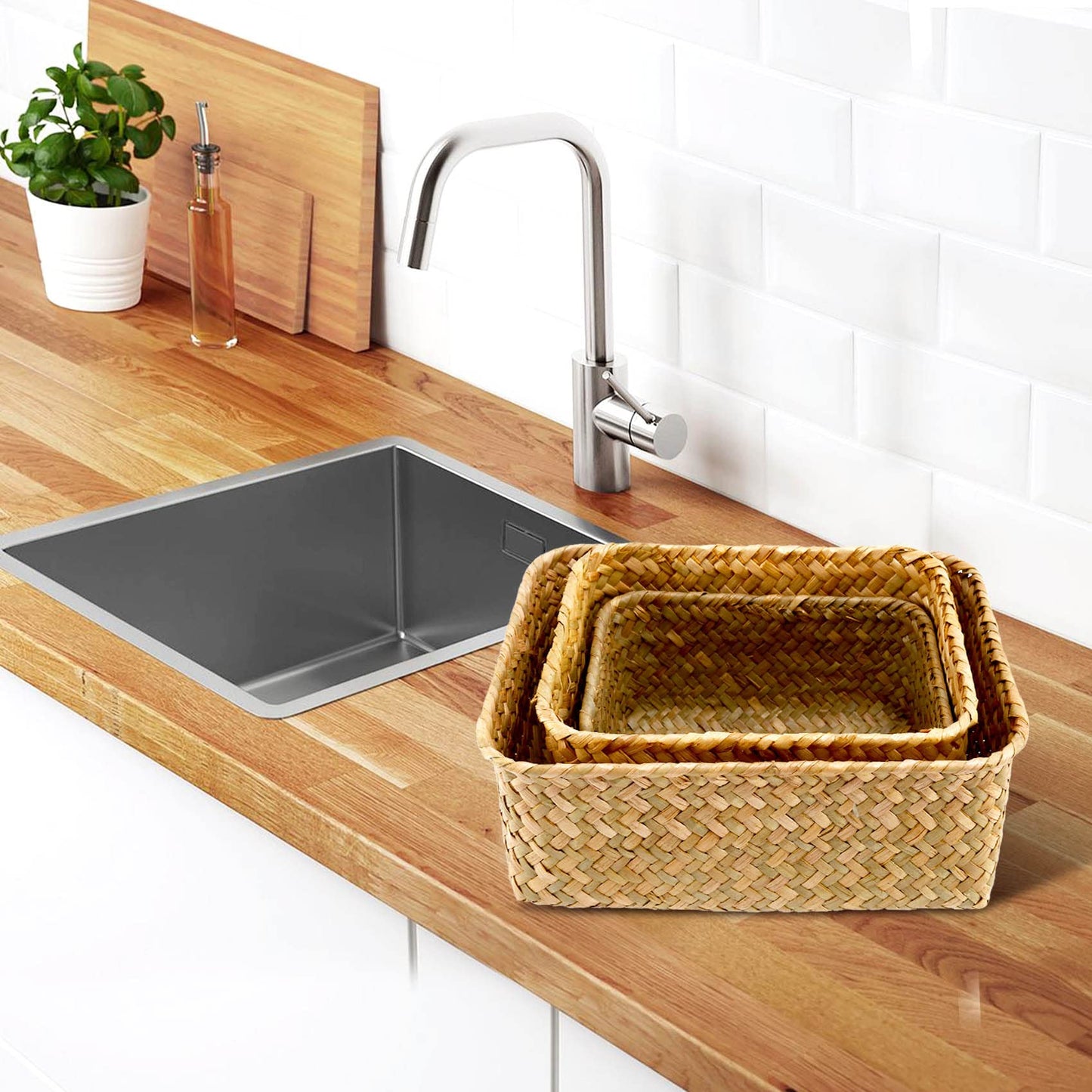 Hopbucan Seagrass Storage Basket, Multisize Handmade Rattan Shelf Baskets & Bins Baskets for Decoration