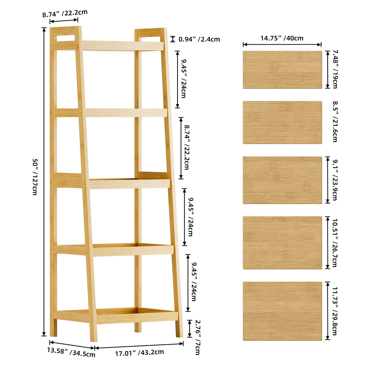 SMIBUY Bamboo Ladder Bookcase, Bathroom Storage Rack Organizer, 4 Tier and 5 Tier Freestanding Plant Display Stand Space Saver Shelves for Bedroom