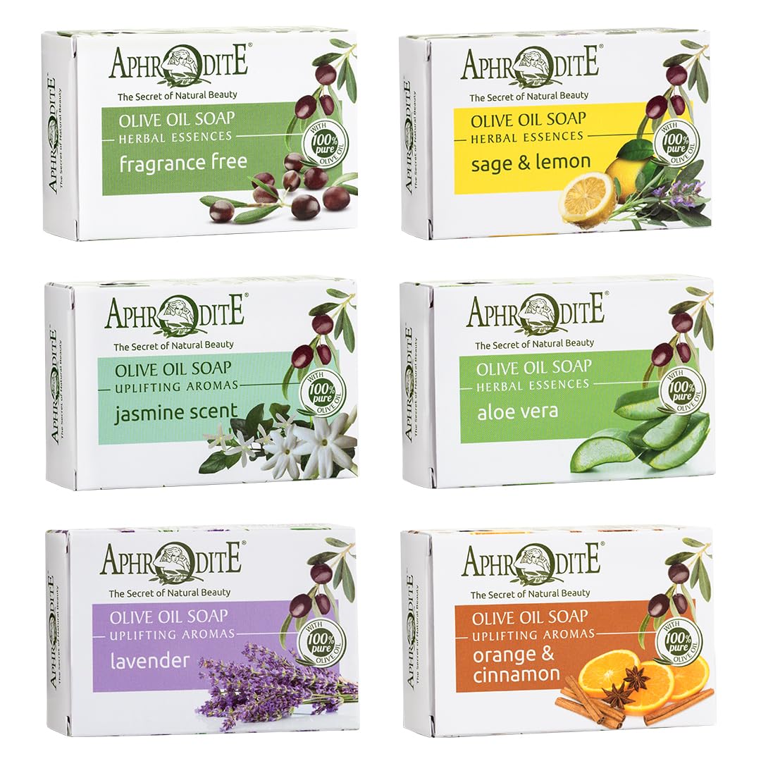 Aphrodite Olive Oil Soap Set, 6-Pack ? Natural Soaps with 100% Greek Olive Oil (Fragrance-Free, Sage & Lemon, Jasmine, Aloe Vera, Lavender, Orange &