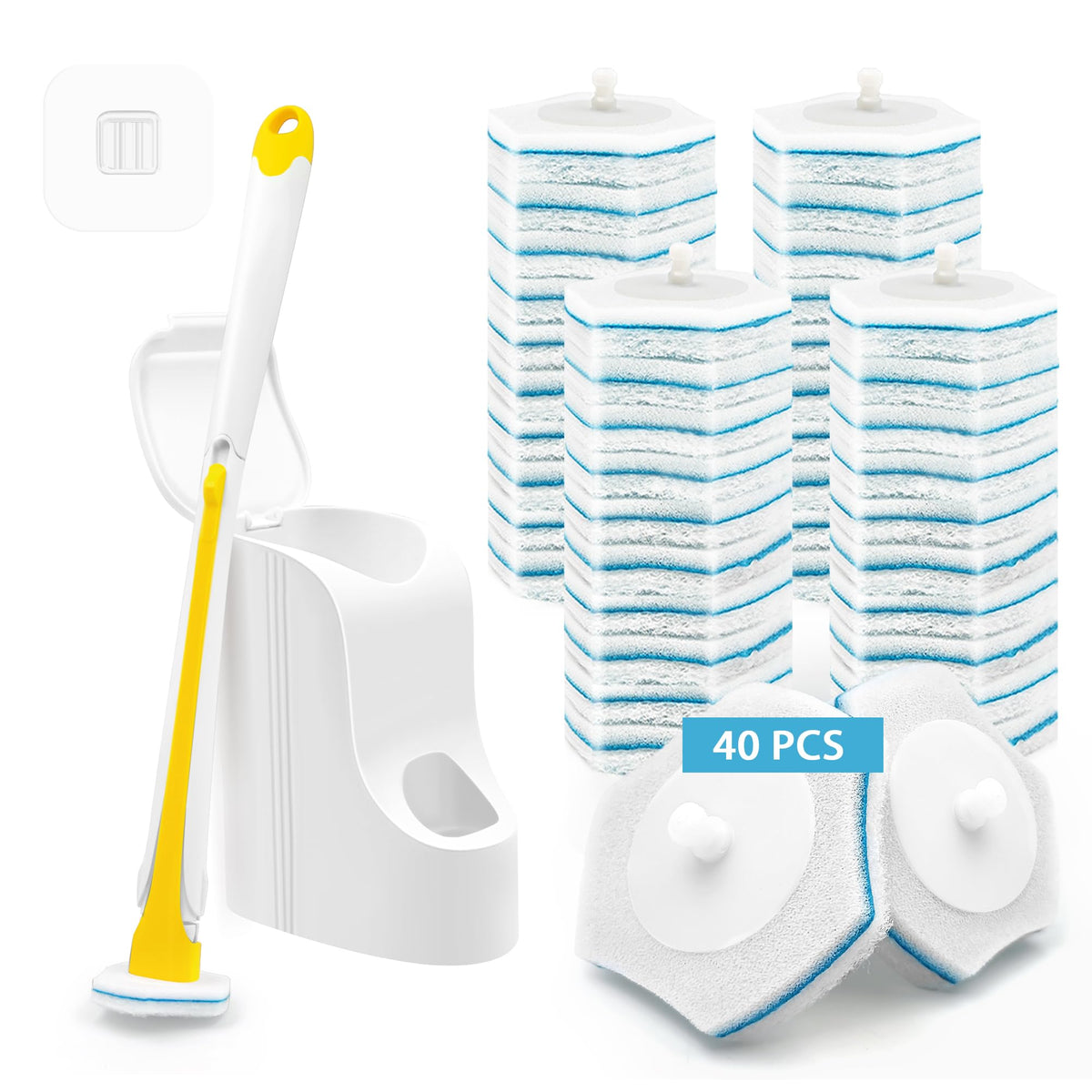JEHONN Disposable Toilet Cleaning System with 40PCS Brush Refills, Wall Mounted Toilet Wand Kit for Bathroom Sink Bathtub Wash Basin (Yellow)