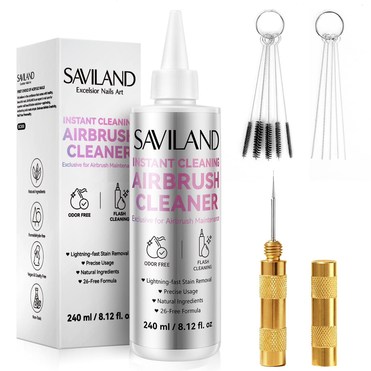 SAVILAND Airbrush Cleaner Kit: 10S Instant Cleaning Airbrush Cleaning Low Odor 0 VOC with Cleaning Brush & Needle Nozzle Reamer Full Tool Set for Clog