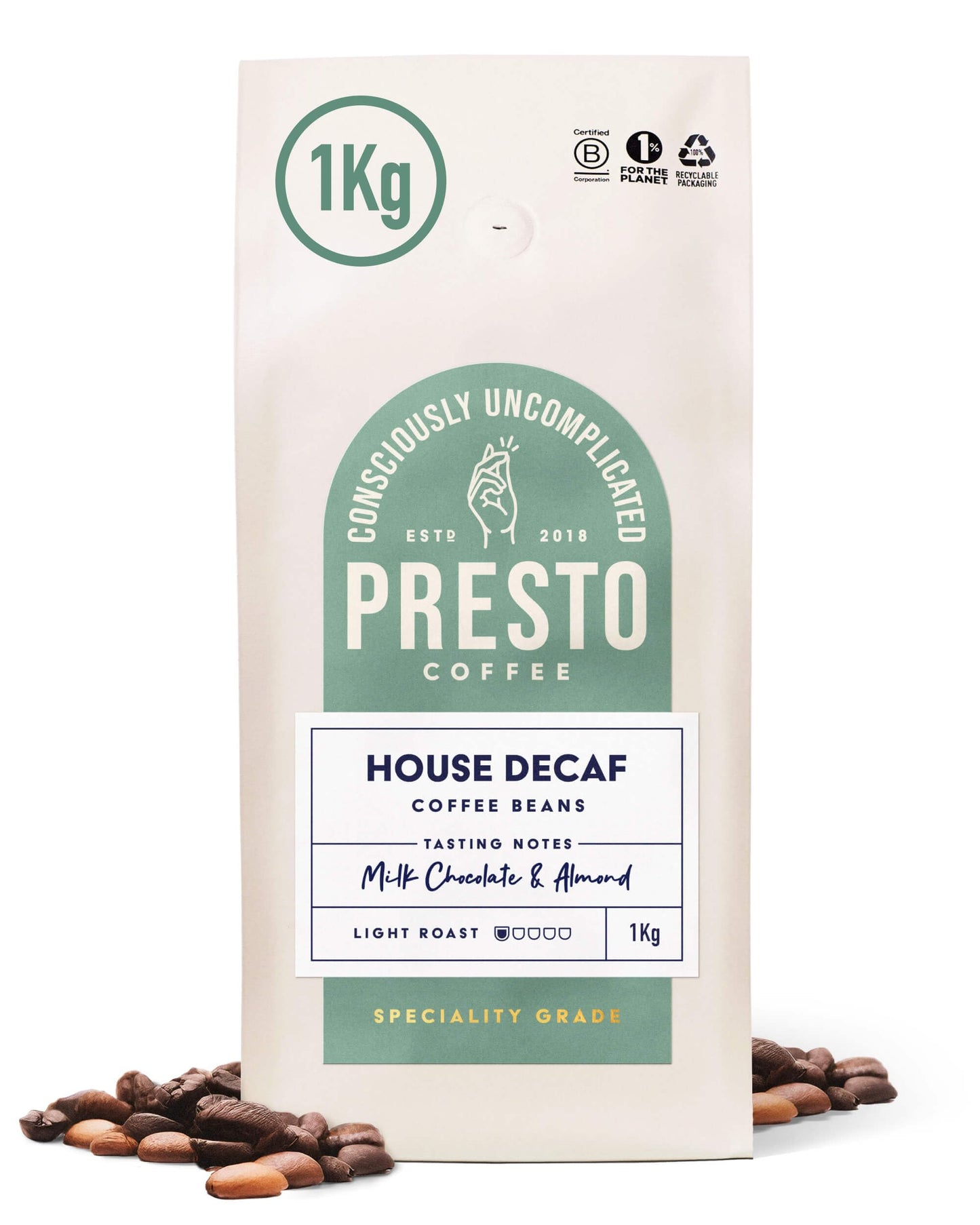 Presto Coffee | Decaffeinated Speciality Coffee Beans 1kg | Light Roast | Chocolatey & Peanuty | Rainforest Alliance Certified 50% Arabica / 50%