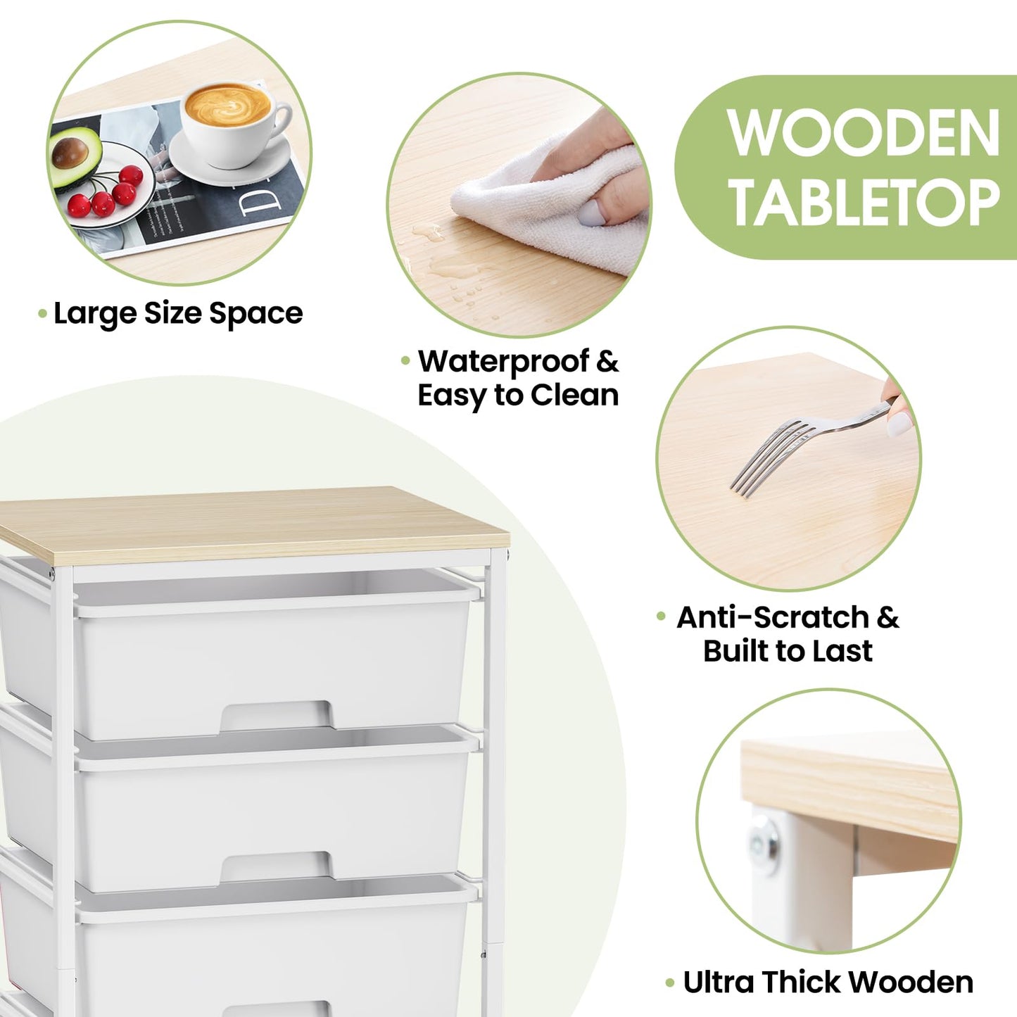 6-Drawer Craft Organizer Trolley Cart with Wooden Top, White