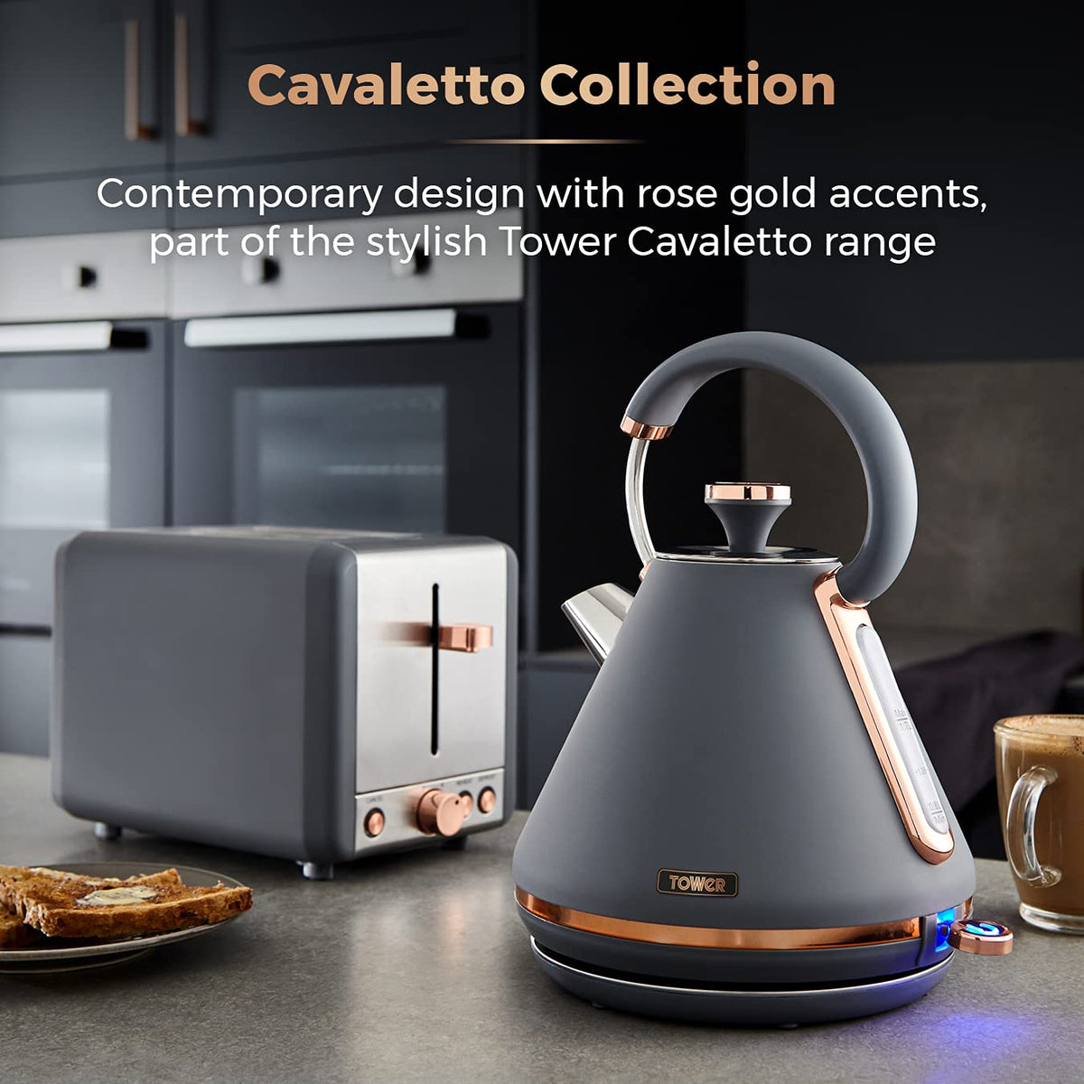 Tower T10044RGG Cavaletto Pyramid Kettle with Fast Boil, Detachable Filter, 1.7 Litre, 3000 W, Grey and Rose Gold