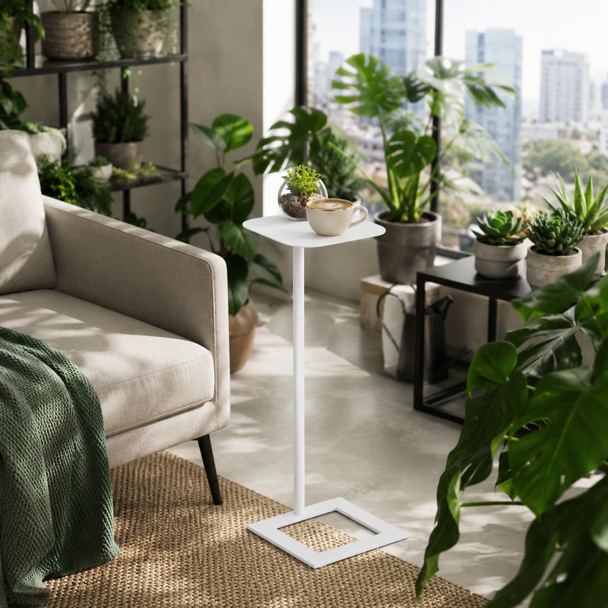 ZEXVIDA Modern Stable C Table End Table, 23.4" Tall, Square, White