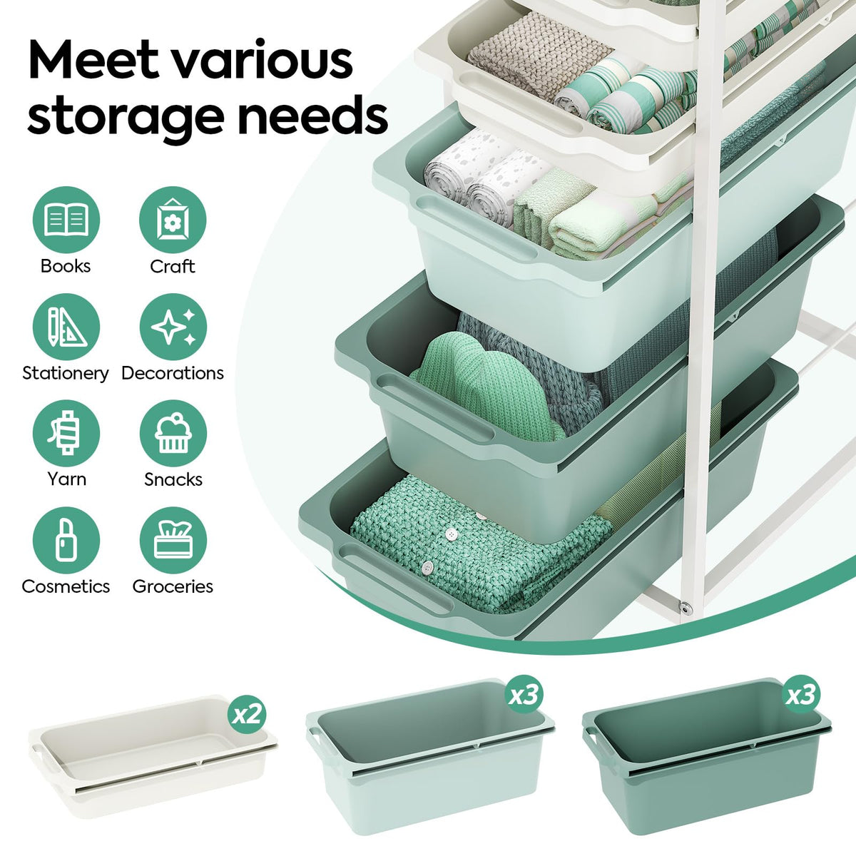 KINGBOARD 5 Drawers Storage Trolley on Wheels, Green
