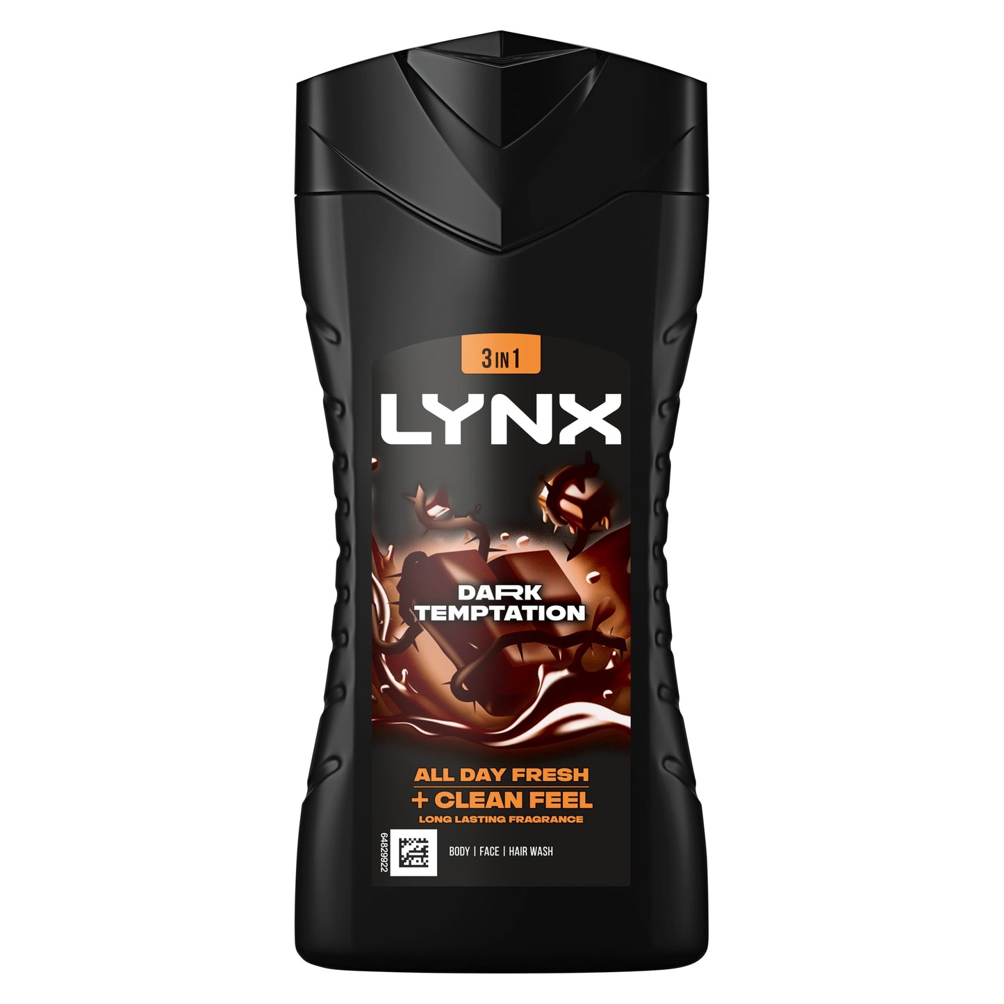 Lynx Men Dark Temptation 3-in-1 Body Wash Shower Gel with an intense scent of rich chocolate for an all day fresh & clean feel 225 ml, Pack of 6