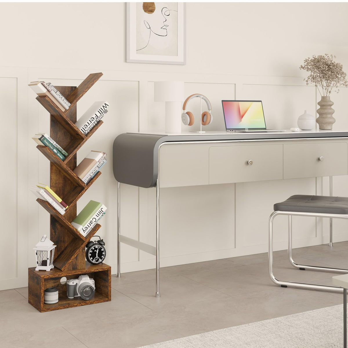 YMYNY 6 Tier Tree Bookshelf, Tall Bookcase, Wood Book Storage Rack with Drawer, Modern Floor Standing Book Shelf for Books/Movies/CDs, Utility
