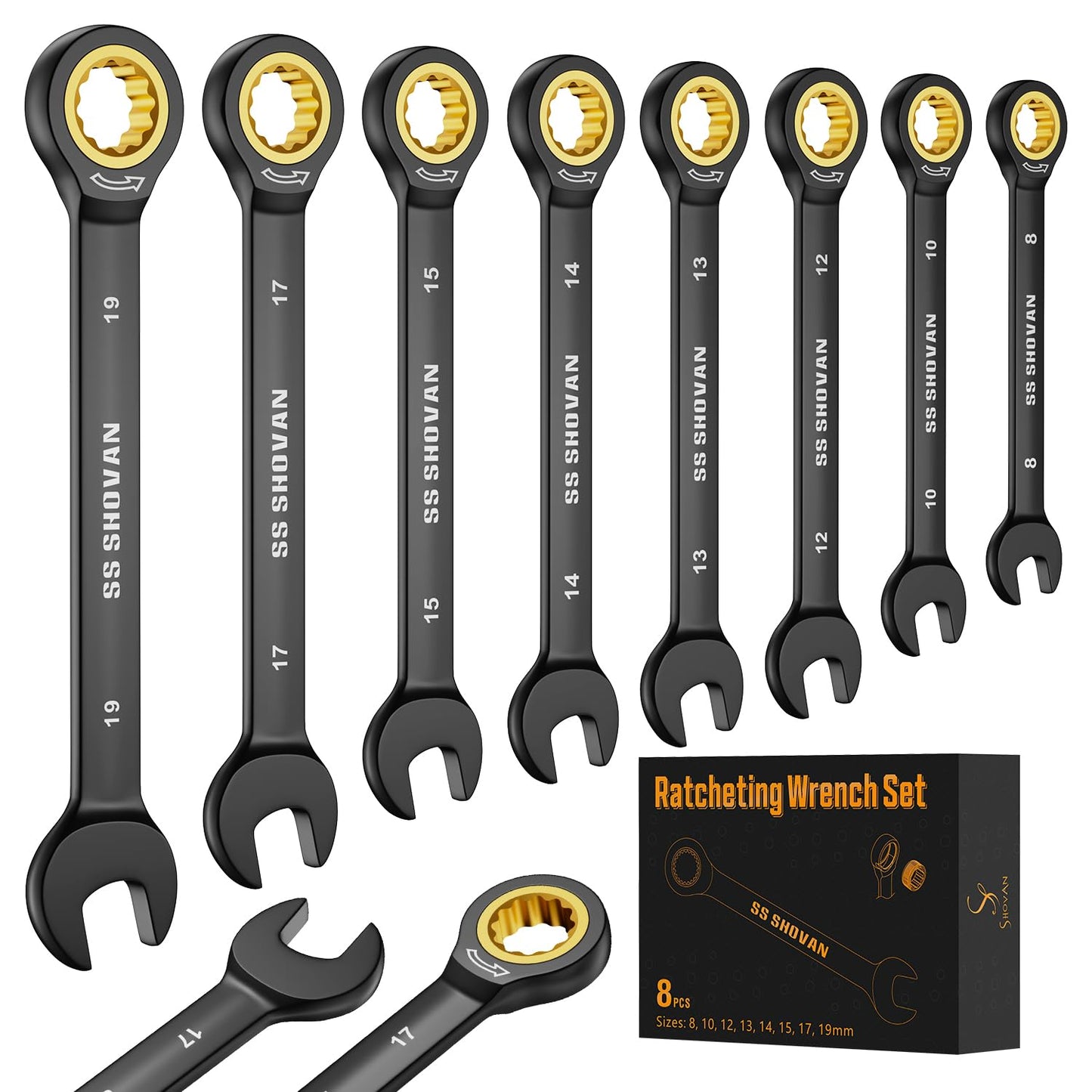 8PCS Ratchet Spanner Set 8-19mm, Combination Spanner Set with 72 Tooth Ratchet Gear, Chrome Vanadium Steel Hand Tools with Storage Box, Metric Size 8,