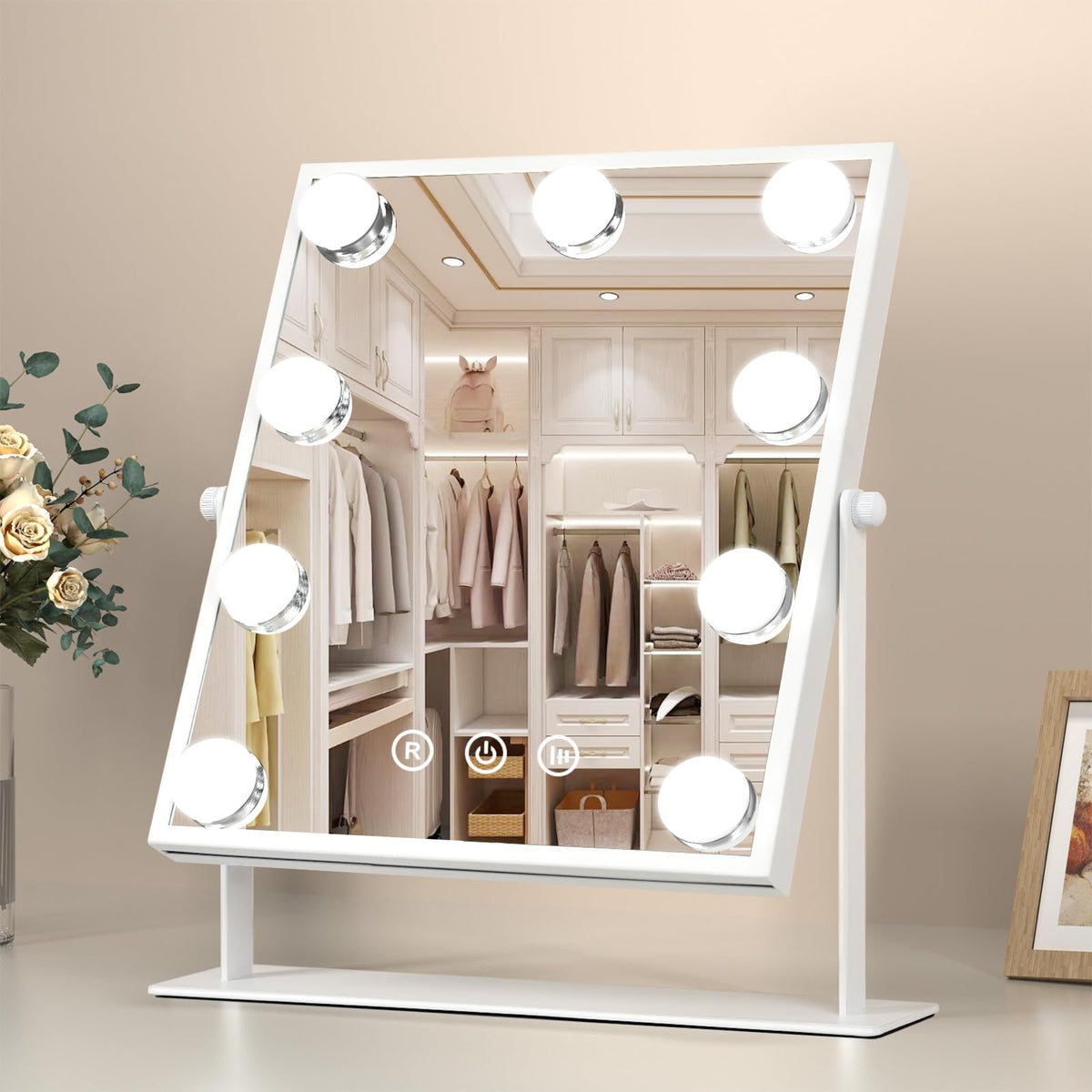 FUNTOUCH Makeup Mirror with Lights, Hollywood Vanity Mirror with 3 Colors Lighting Modes, Touch Control, 360Ratation, Dimmable 9 LED Bulbs Lighted