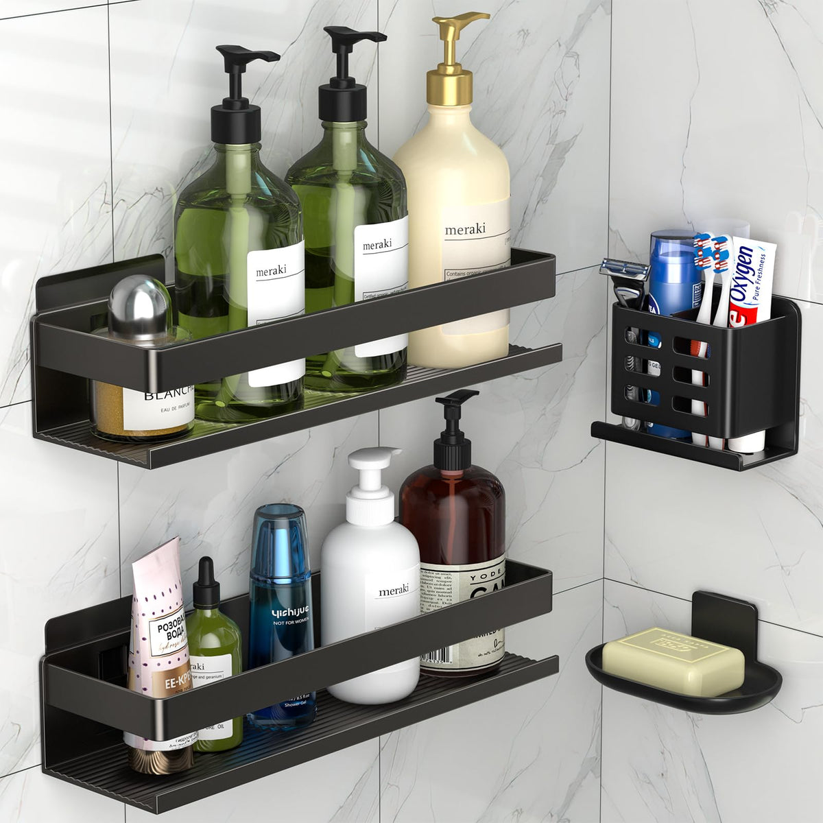 YESENT aluminum shower rack 4-pack, stick-on installation, thickened and sturdy bathroom rack, wall-mounted toothbrush holder, two installation