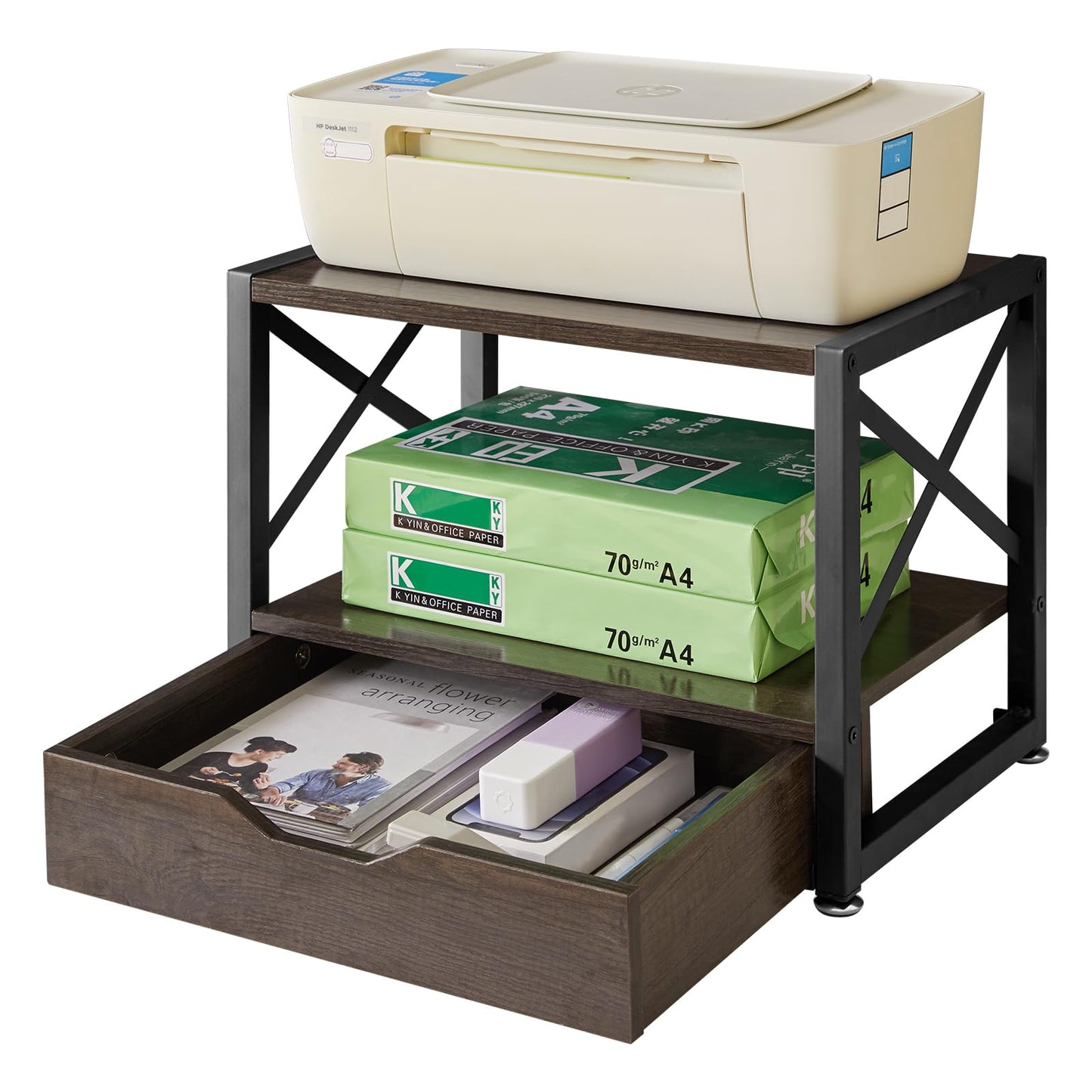 IBUYKE 2 Tier Desktop Printer Stand,Multi-Purpose Desk Organizer,Wooden Printer Stand with Drawer Storage for Folders,Books,for Fax Machine