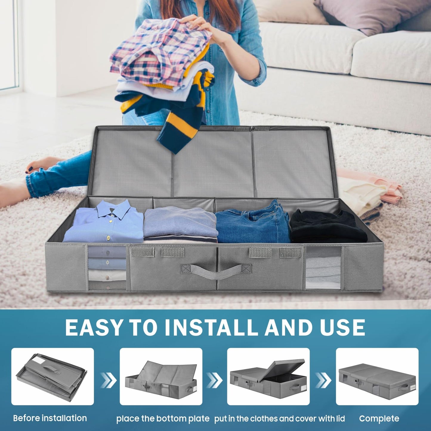 BOSNONA Under Bed Storage Box with Lid Foldable Underbed Storage Boxes with Visual Window Reinforced Handles Under Bed Clothes Storage for Blankets