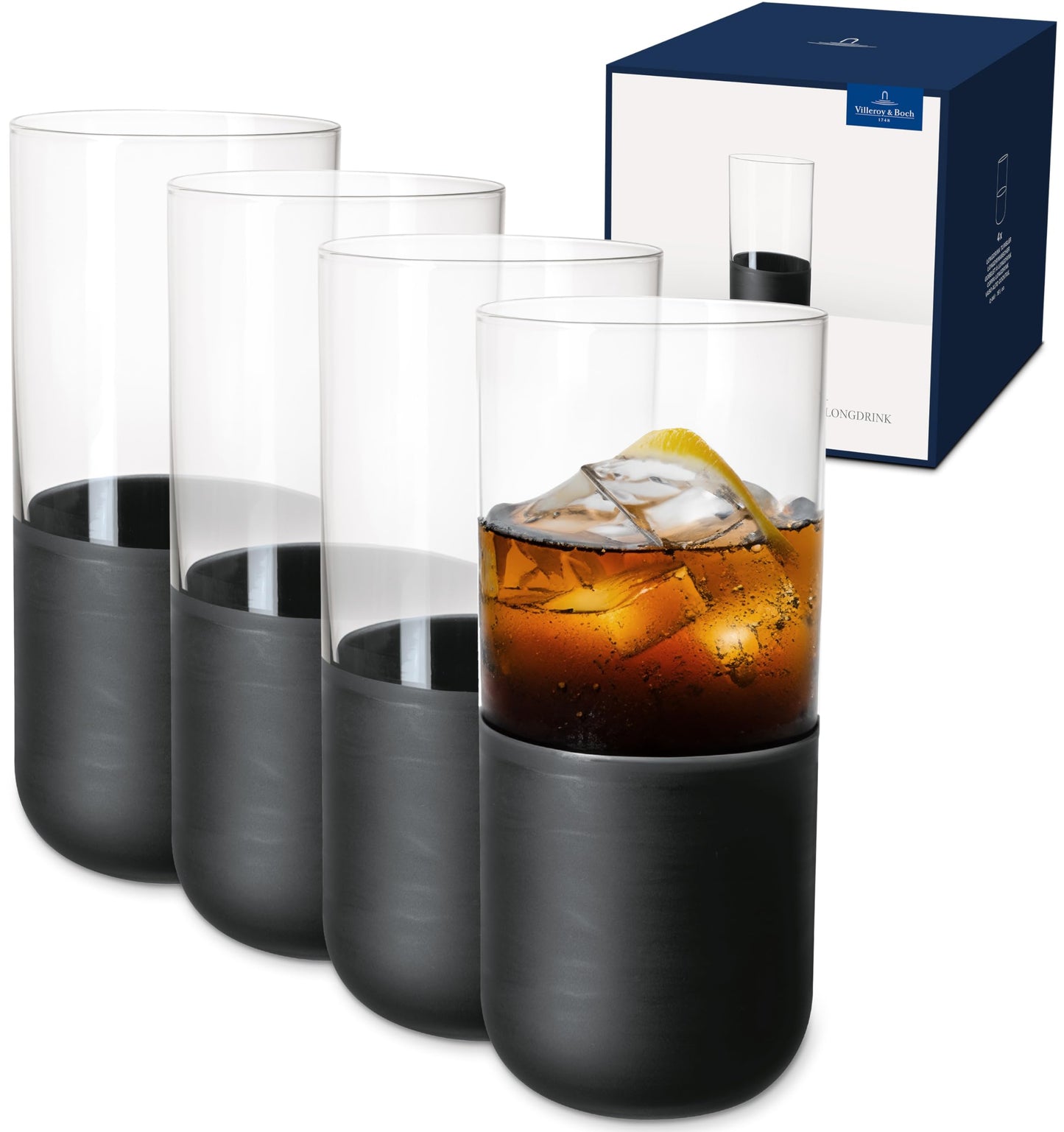 Villeroy & Boch  Manufacture Rock Long Drink Glass Set, 4 pces, Crystal Glass with matt Black Base, Capacity 300 ml