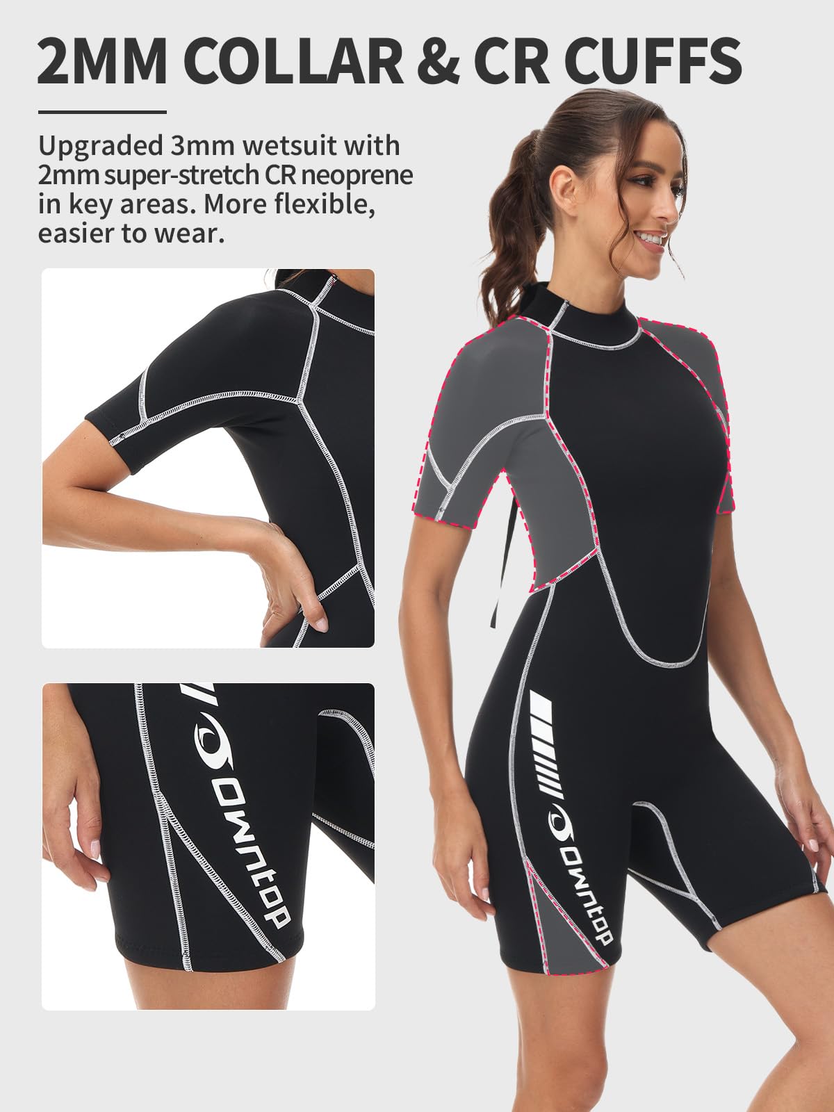 Owntop 3/2mm Shorty Wetsuit Women - Back Zip Wet Suit for Diving Surfing, Short Sleeve Diving Suits Stretch Neoprene for Water Sports, Women Black M