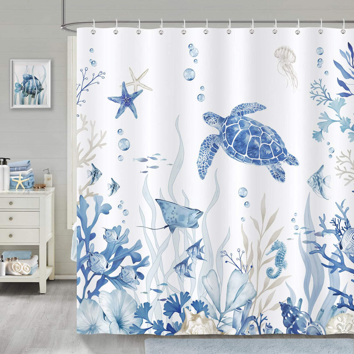 Bonhause Blue Ocean Turtle Shower Curtain, Underwater World Nautical Bathroom Curtain 180 x 180 cm Waterproof Mildew and Mould Resistant Polyester