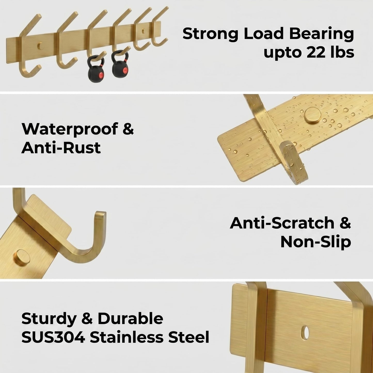 SAYONEYES Brushed Gold Coat Rack Wall Mount with 6 Double Hooks for Hanging – 17 Inch Heavy Duty SUS304 Stainless Steel Rustic Coat Hooks – Hat