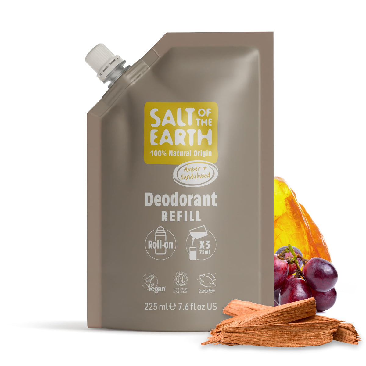 Salt of the Earth - Natural Deodorant Roll On Refill Pouch, x3 Uses - Amber & Sandalwood - Vegan, Long Lasting Protection, Leaping Bunny Approved,