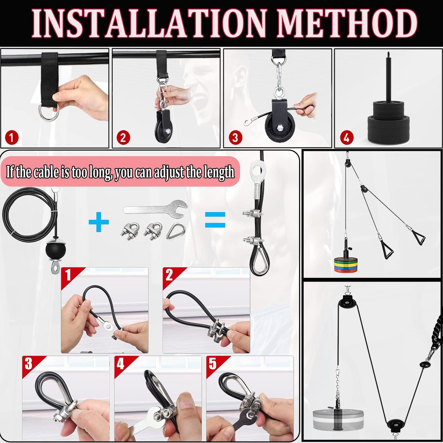 Taeku LAT Pulley System for Home Gym ? Strength Training Fitness Equipment Cable Machine for Triceps, Biceps, Back & Shoulder Workouts (100" Cable)