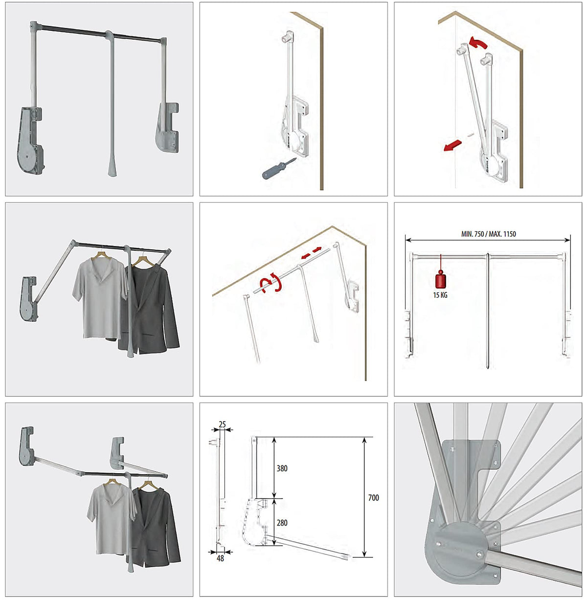 Decoranddecor Adjustable Pull Down Wardrobe Rail, 750mm-1150mm, 15kg Capacity Clothes Rail with Soft Close, Hanging Rail for Sliding and Hinged