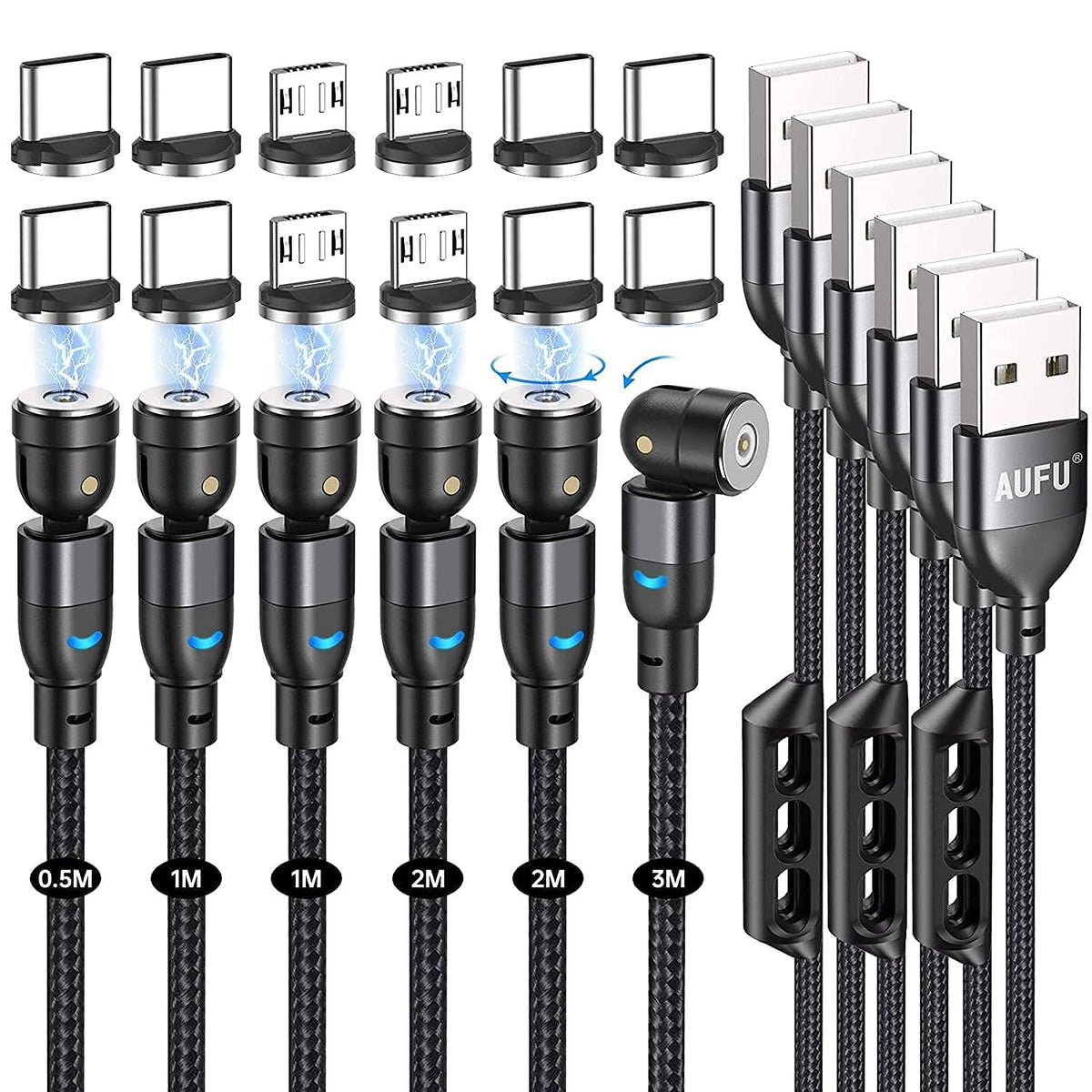 AUFU Magnetic Charging Cable, Magnetic Charger Cable 6 Pack [0.5m/1m/2m/3m], USB C 360? and 180? Rotatable With Micro/Type C for Smartphone