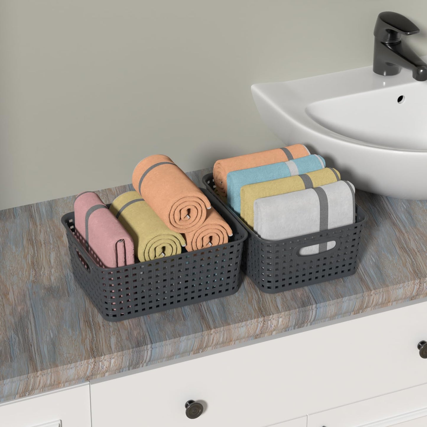 Ziglous 12-Pack Woven Storage Baskets, Small Plastic Organizer Basket, Grey