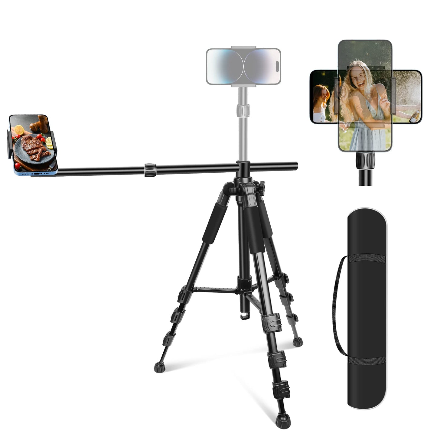 Elitehood Overhead Tripod for iPhone [Heavy Duty & Ultra-Stable], 63cm Horizontal Long Extendable Boom, 180cm iPhone Tripod Stand for Filming with