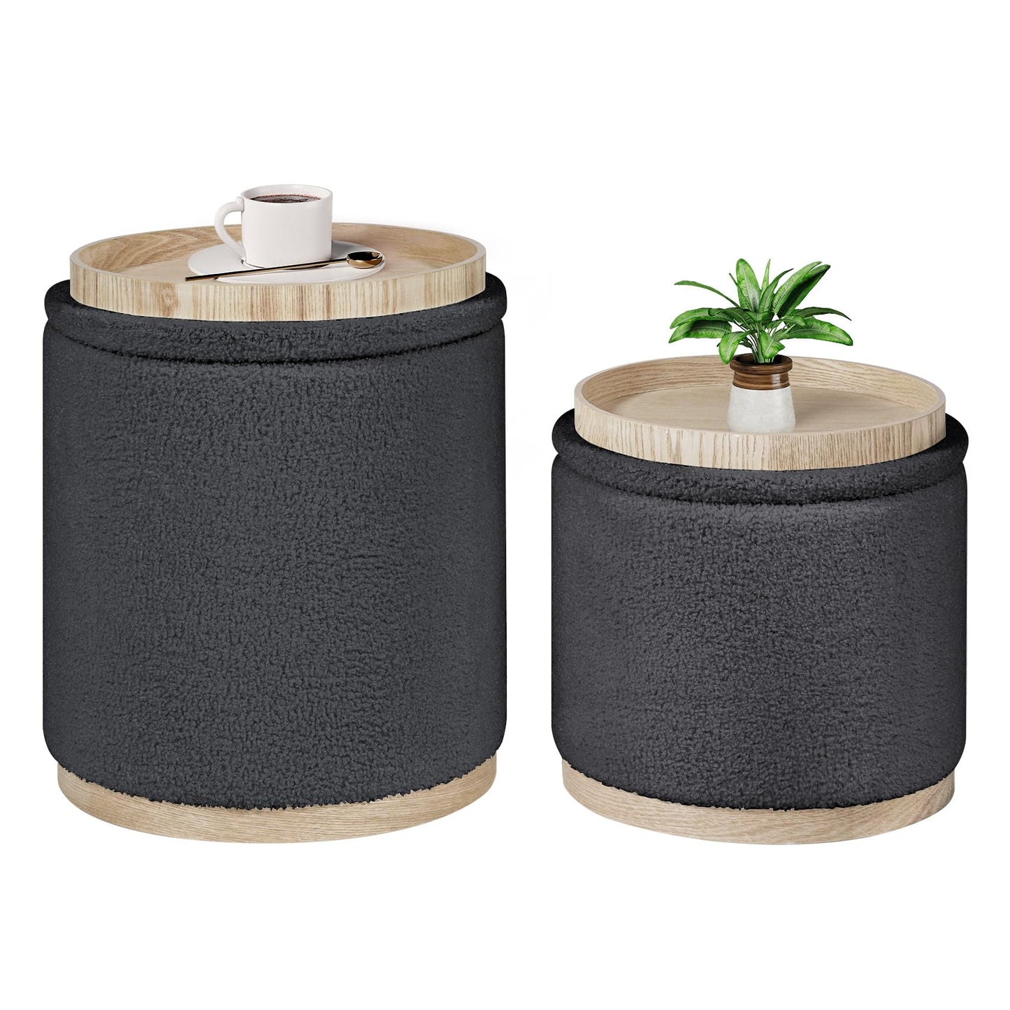 Bonlife Set of 2 Round Ottoman with Tray, Vanity Stool with Storage