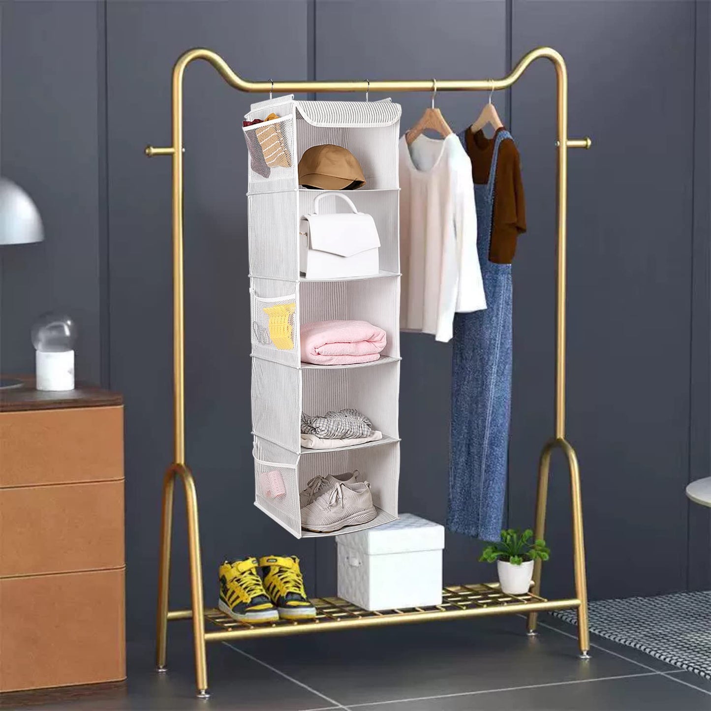 BrilliantJo Hanging Wardrobe Organiser 5 Shelves Closet Storage Hanging Shelves with 6 Side Pockets Clothes - Grey Strip(30 x 30 x 108cm)