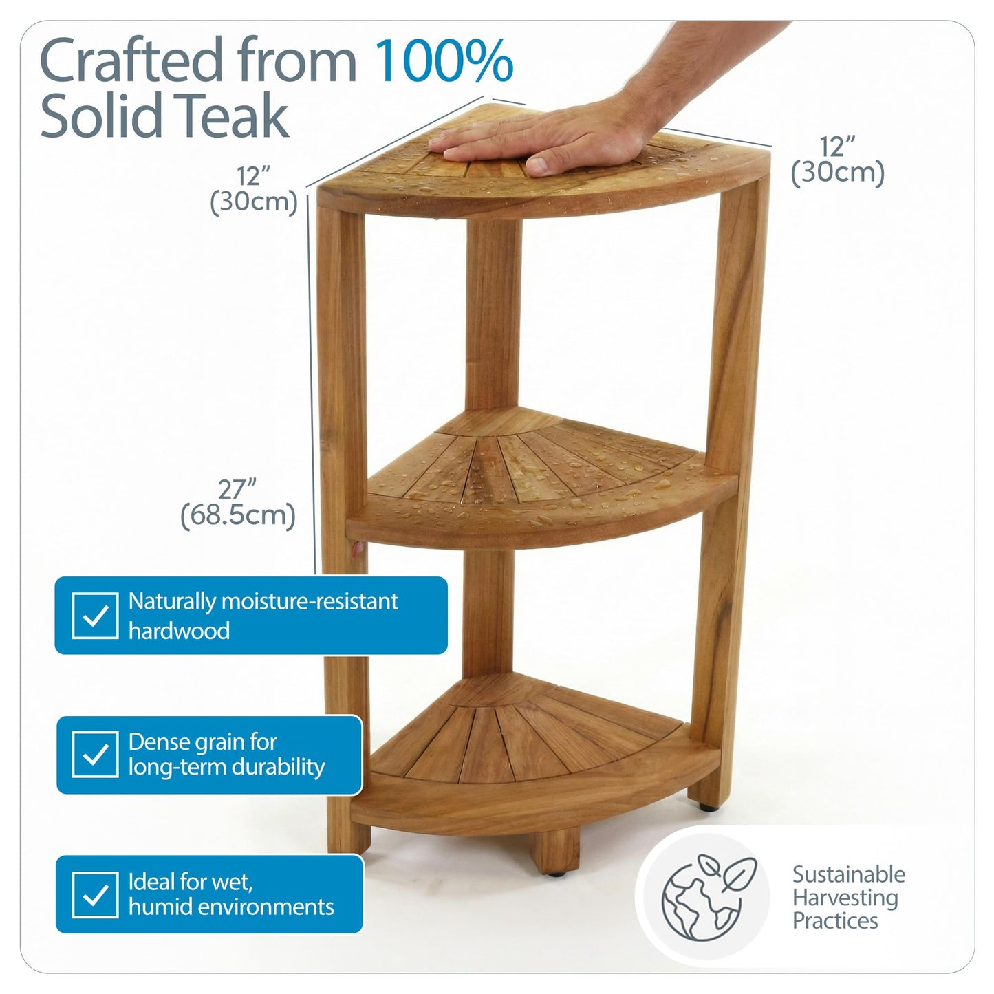 AquaTeak Kai-Petite 12" Teak Corner Shelf Stand, 3 Tier Shower Stand