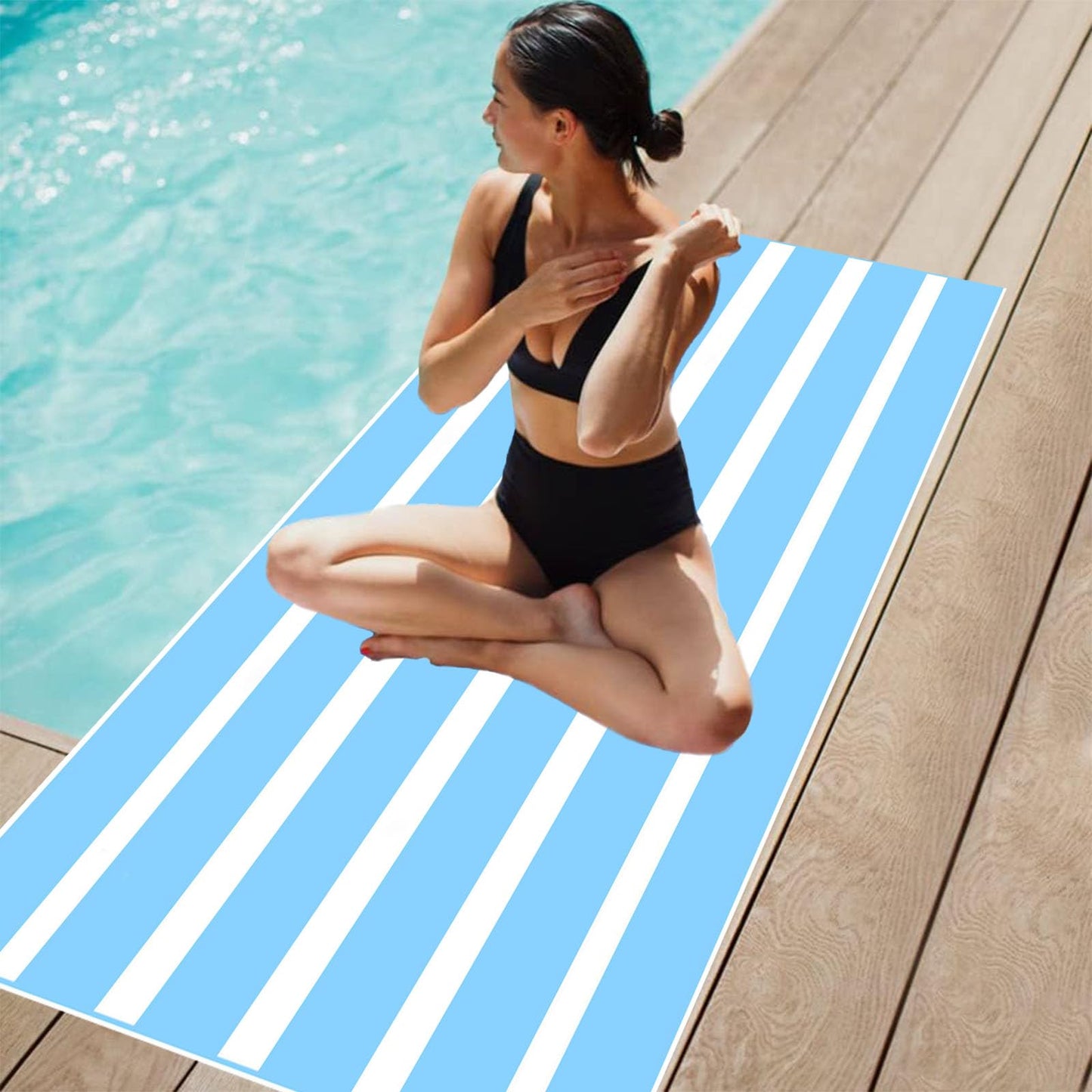 Large Thin Microfibre Beach Towel with Bag for Adult Men Women,160x90cm Light Blue Stripe Beach Towels Quick Dry Sand Free Lightweight Swim Bath