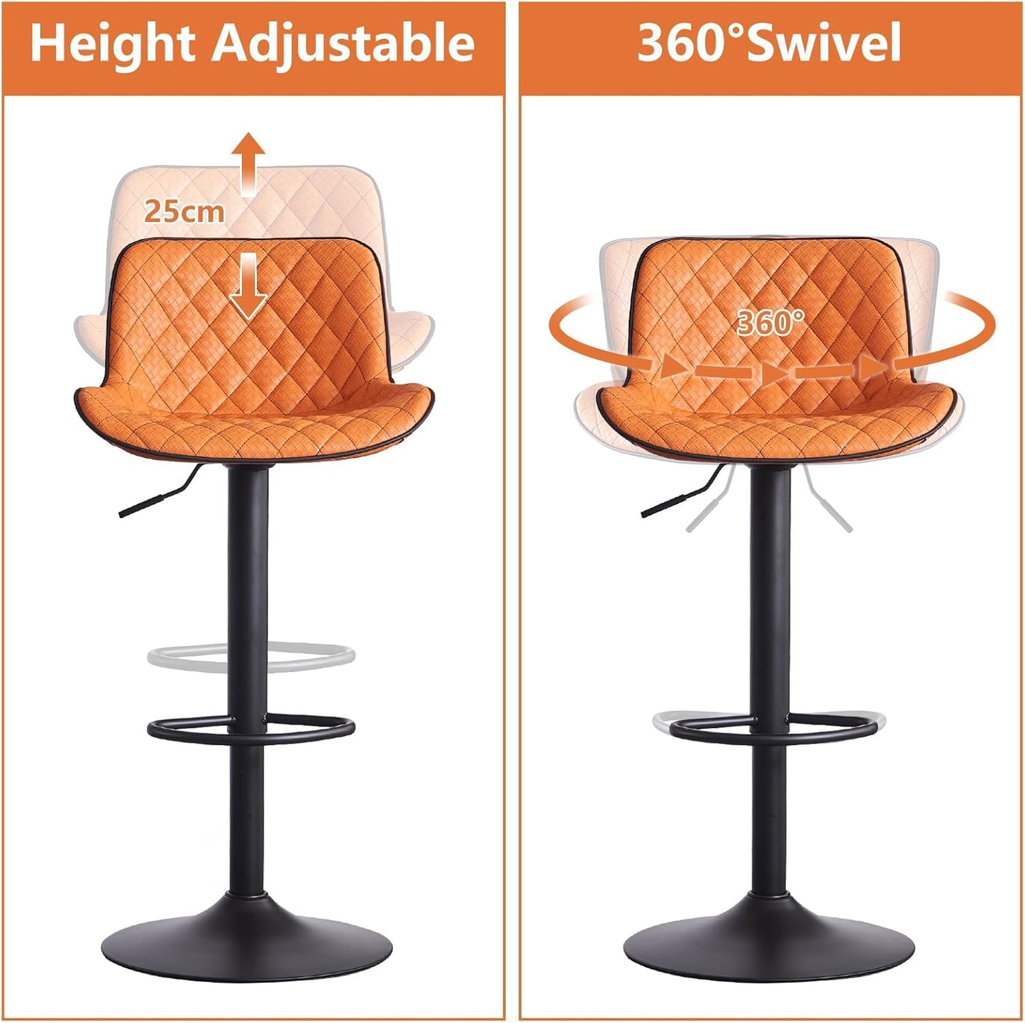 YOUTASTE Woven Bar stools Set of 2 Orange PU Leather Upholstered Barstools with High Back Modern Swivel Adjustable Tall Padded Bar Chairs for Kitchen