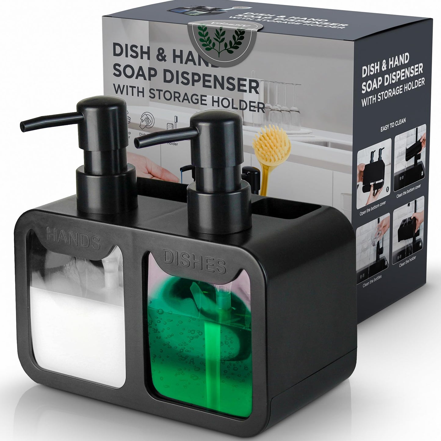 VITACHY Double Soap Dispenser for Kitchen. Dishwashing Soap Pump Dispenser and Hand Dispenser Sink Organizer Sponge Holder Black Kitchen and Bathroom