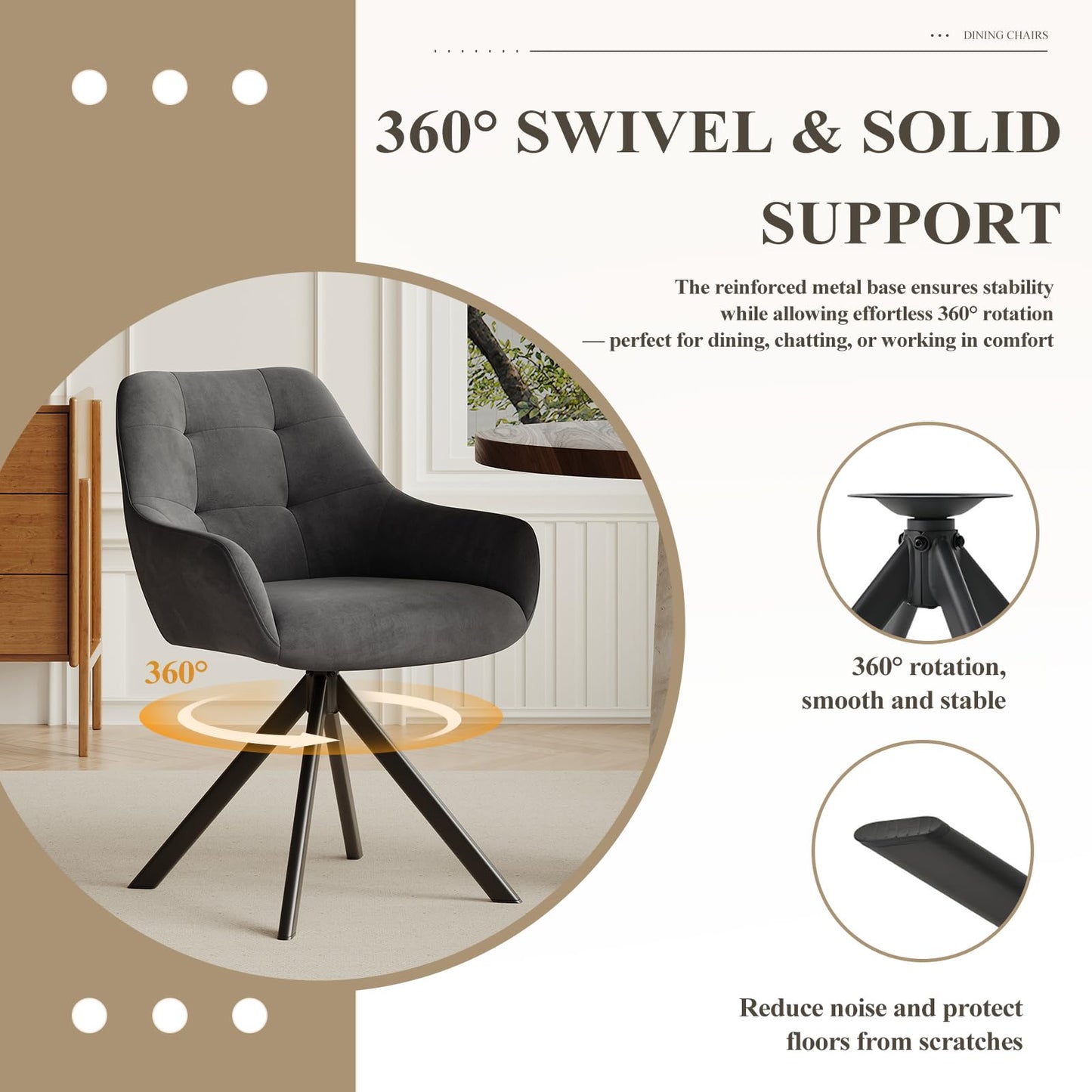 COLAMY 360° Swivel Dining Chairs Set of 2 with Sturdy Metal Base – Luxury Velvet Upholstered Kitchen Chairs with Thick Padded Seat