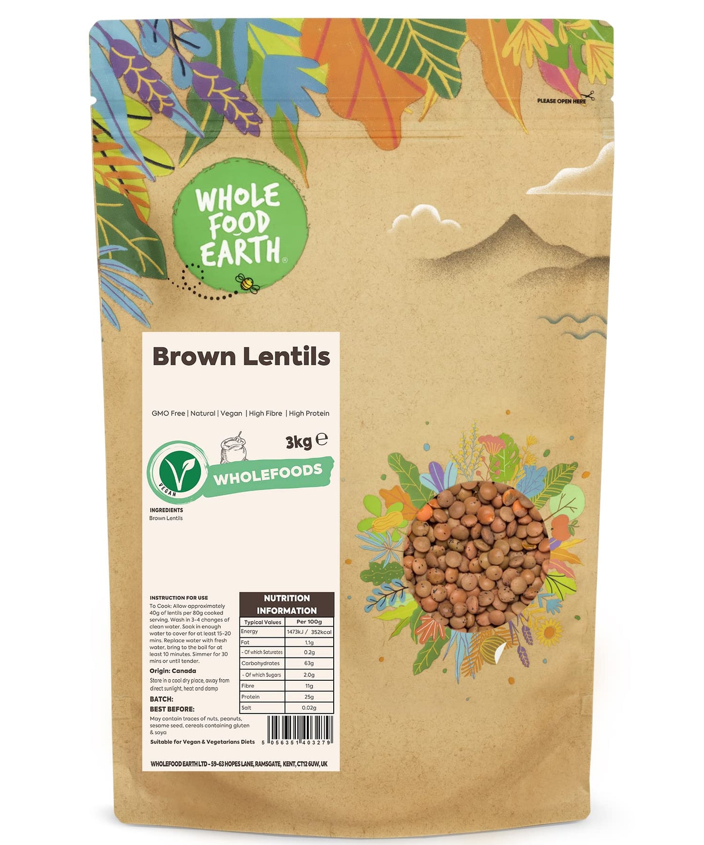 Wholefood Earth Brown Lentils 3 kg | GMO Free | Natural | High Fibre | High Protein