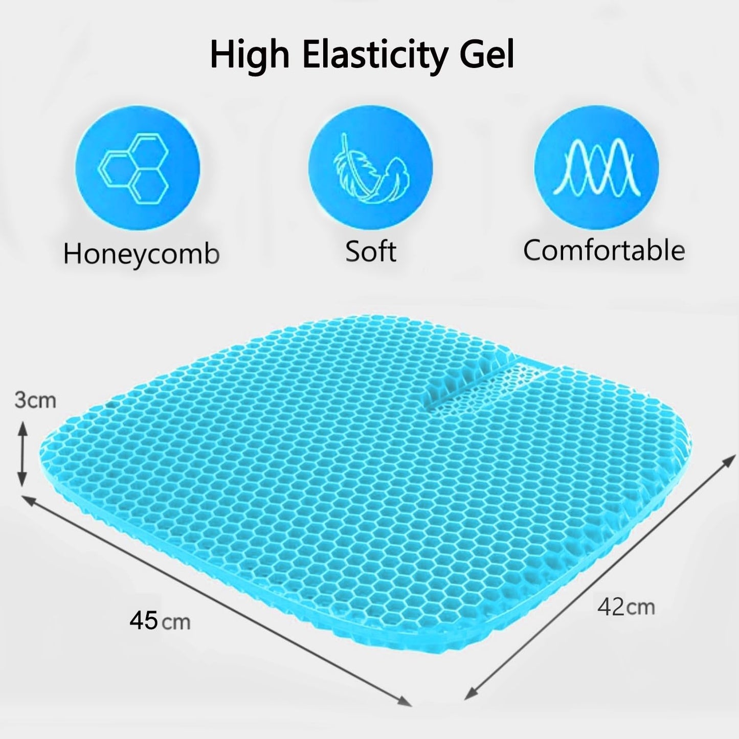 VAIYNWOM Gel Seat Cushion, Honeycomb Breathable Home Office Chair & Car Seat Cushions with Non-Slip Fabric Cover, 45 * 42 * 3cm, Blue